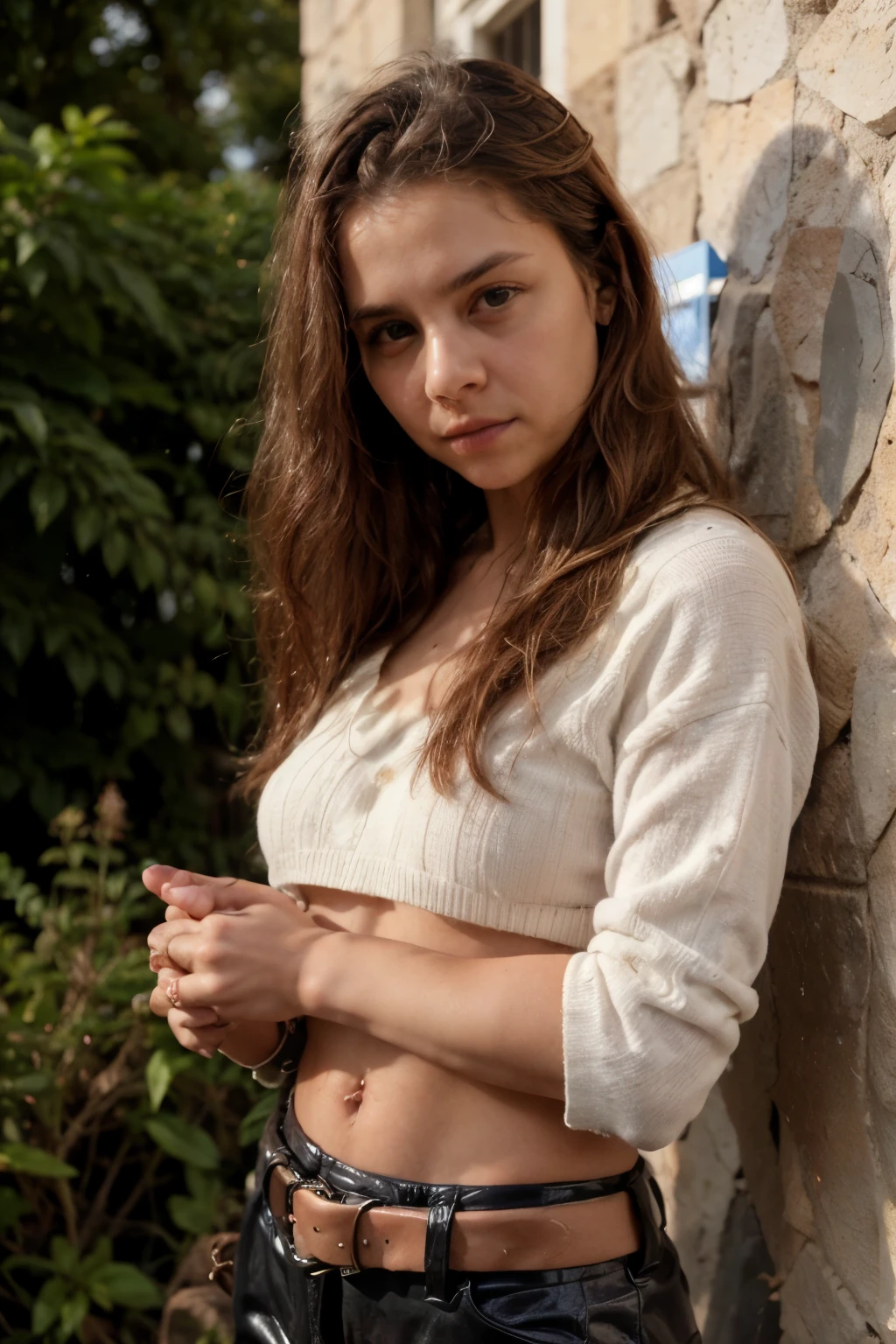 bigfaketits, primeiro plano: Uma linda mulher europeia, 18 anos, cabelos ondulados molhados ao vento. She is a men&#39;s magazine model, She has a subtle smile and flirts with the camera, (She wears casual shirt with long woolen sweater and latex pants with big belt:1.2),fundo lindo quarto moderno, Olhos perfeitos, perfect hands, corpo perfeito, cabelo perfeito, peito perfeito, hair behind the ear, Ultra HD, Retina, obra de arte, Preciso, anatomicamente correto, Pele Texturizada, Super detalhe, Detalhes altos, alta qualidade, premiado, melhor qualidade, high resolution, 16K, 8K,