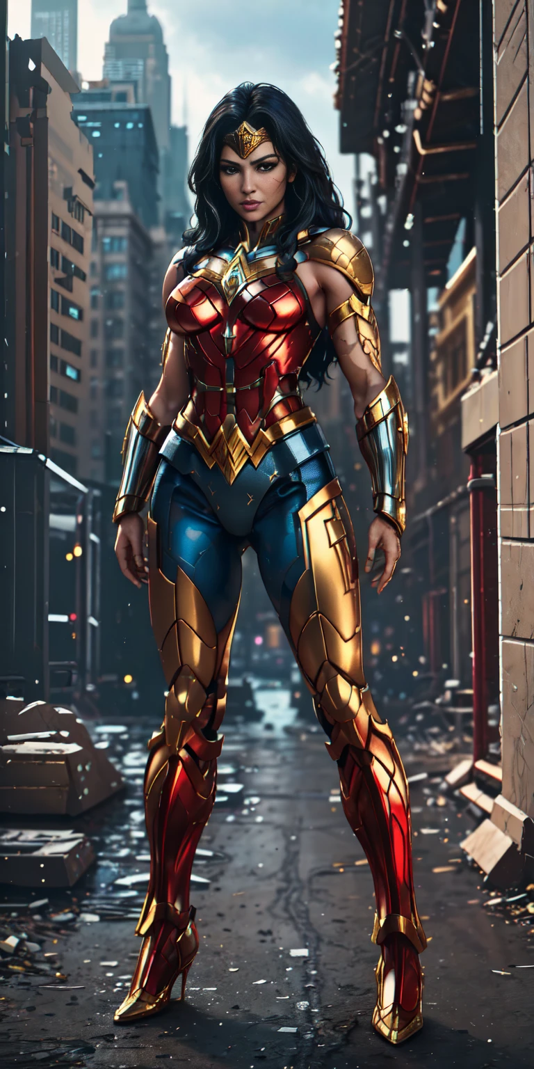 (((full body photo))) Wonder Woman stands imposingly in a Themyscira city. The day highlights your muscles and scars. The setting is lush and mysterious, with futuristic technology and surroundings. The camera details everything, a warrior woman, in front of you.
