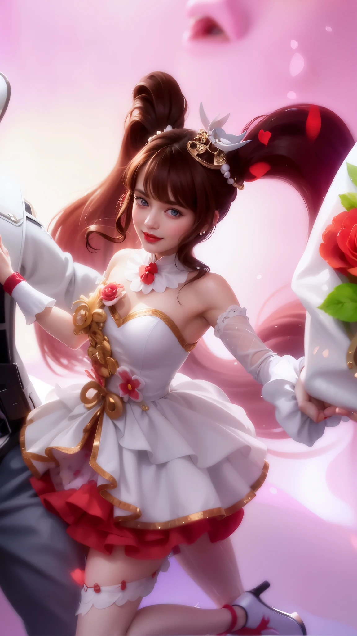 8k, ultra hd, ultra detailed texture, hyper realistic, masterpiece, detailed texture, detailed face, detailed skin, detailed lighting, (photorealistic:1.5), best quality, beautiful lighting, cinematic lighting, professional lighting, ultra highres, realistic, detailed hair, real hair, high quality, (realskin:1.5), extremely detailed, finely detail, ultra-detailed, 1girl, cute face, brown hair, red lips glossy, blue eyes, smile,