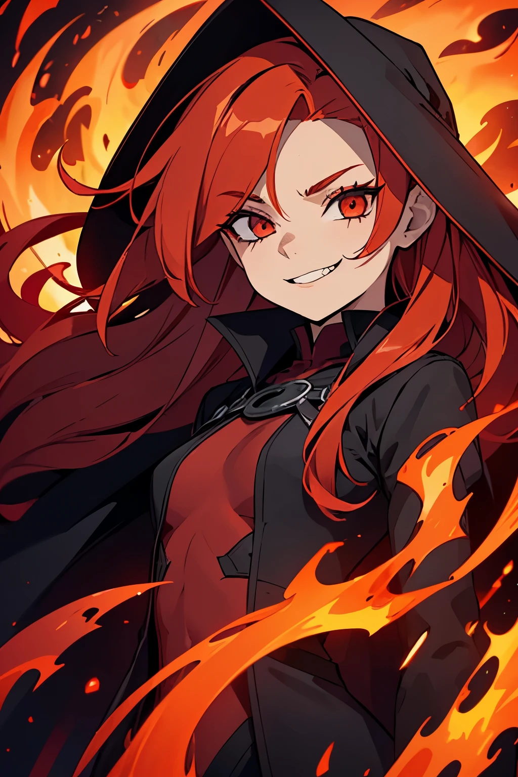 13 year old girl、small breasts、girl with long orange red hair、flat chest、Wrapped in deep red flame、hair covering right eye、Black Witch Clothes、Looks like a villain with a town background, Evil Smile.And she burns red, Half body