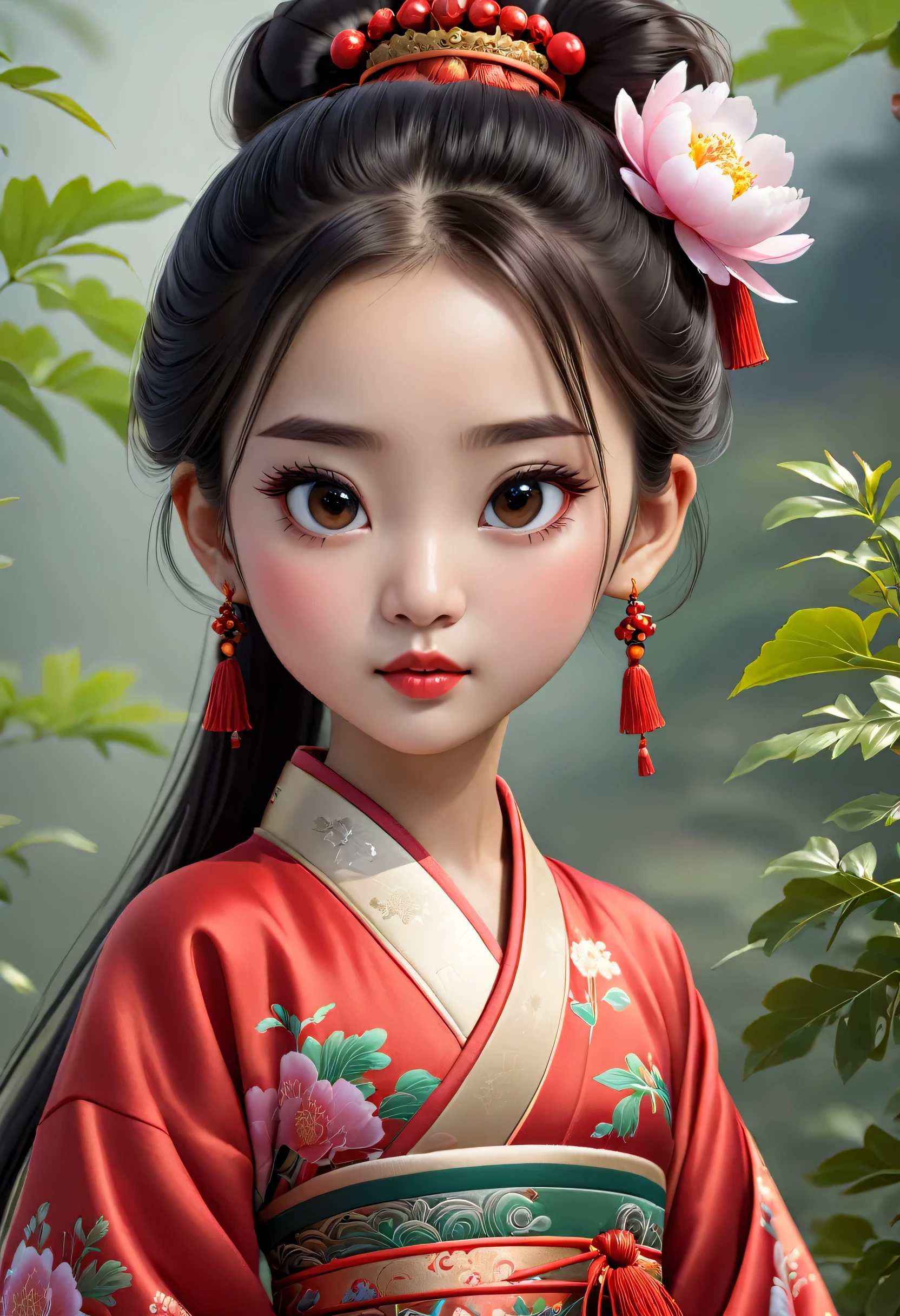  Best quality, 4k, high-end, ultra fine: 1.2), realistic, Chinese girl  3 year M, exquisite face, beautiful detailed eyes, beautiful detailed lips, long eyelashes, red traditional clothing, black ponytail, tassel hair accessories, peony hair accessories

