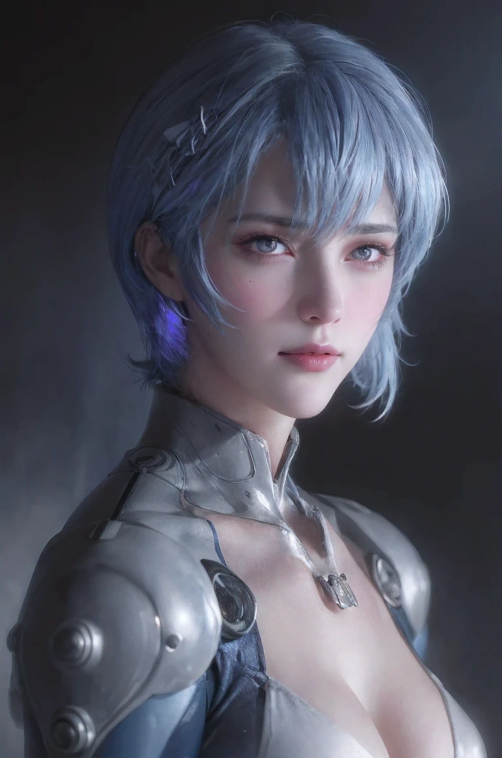 cowboy shot,rei ayanami,adult version,30 years old,evangelion body suit,dark,blue hair,beautiful detailed eyes,beautiful detailed lips,extremely detailed eyes and face,long eyelashes,serious expression,futuristic city backdrop,neon lights,blue and purple color palette,studio lighting,vivid colors,ultra-detailed,realistic,photorealistic,photo-realistic,Raw,16K,ultra high res,cinematic shot,twilight lighting,volumetric lighting,dramatic lighting,(photorealistic,realism,depth_of_field:1.5),