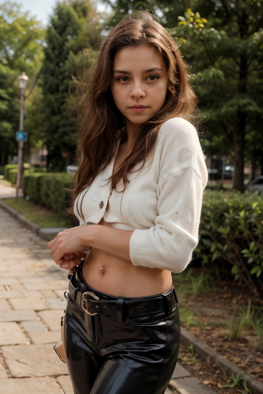 bigfaketits, primeiro plano: Uma linda mulher europeia, 18 anos, cabelos ondulados molhados ao vento. She is a men&#39;s magazine model, She has a subtle smile and flirts with the camera, (She wears casual shirt with long woolen sweater and latex pants with big belt:1.2),fundo lindo quarto moderno, Olhos perfeitos, perfect hands, corpo perfeito, cabelo perfeito, peito perfeito, hair behind the ear, Ultra HD, Retina, obra de arte, Preciso, anatomicamente correto, Pele Texturizada, Super detalhe, Detalhes altos, alta qualidade, premiado, melhor qualidade, high resolution, 16K, 8K,