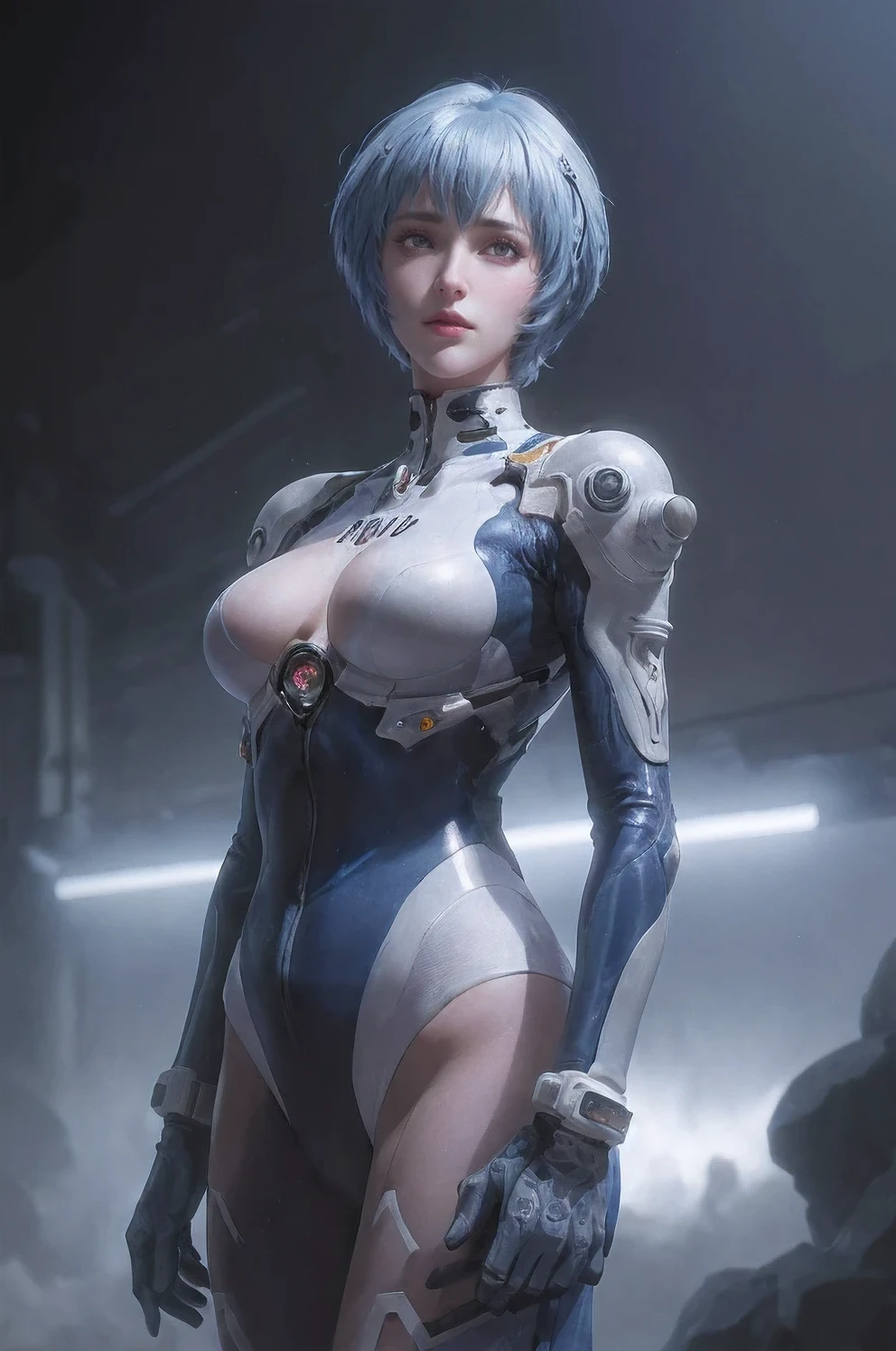 cowboy shot,rei ayanami,adult version,30 years old,evangelion body suit,dark,blue hair,beautiful detailed eyes,beautiful detailed lips,extremely detailed eyes and face,long eyelashes,serious expression,futuristic city backdrop,neon lights,blue and purple color palette,studio lighting,vivid colors,ultra-detailed,realistic,photorealistic,photo-realistic,Raw,16K,ultra high res,cinematic shot,twilight lighting,volumetric lighting,dramatic lighting,(photorealistic,realism,depth_of_field:1.5),