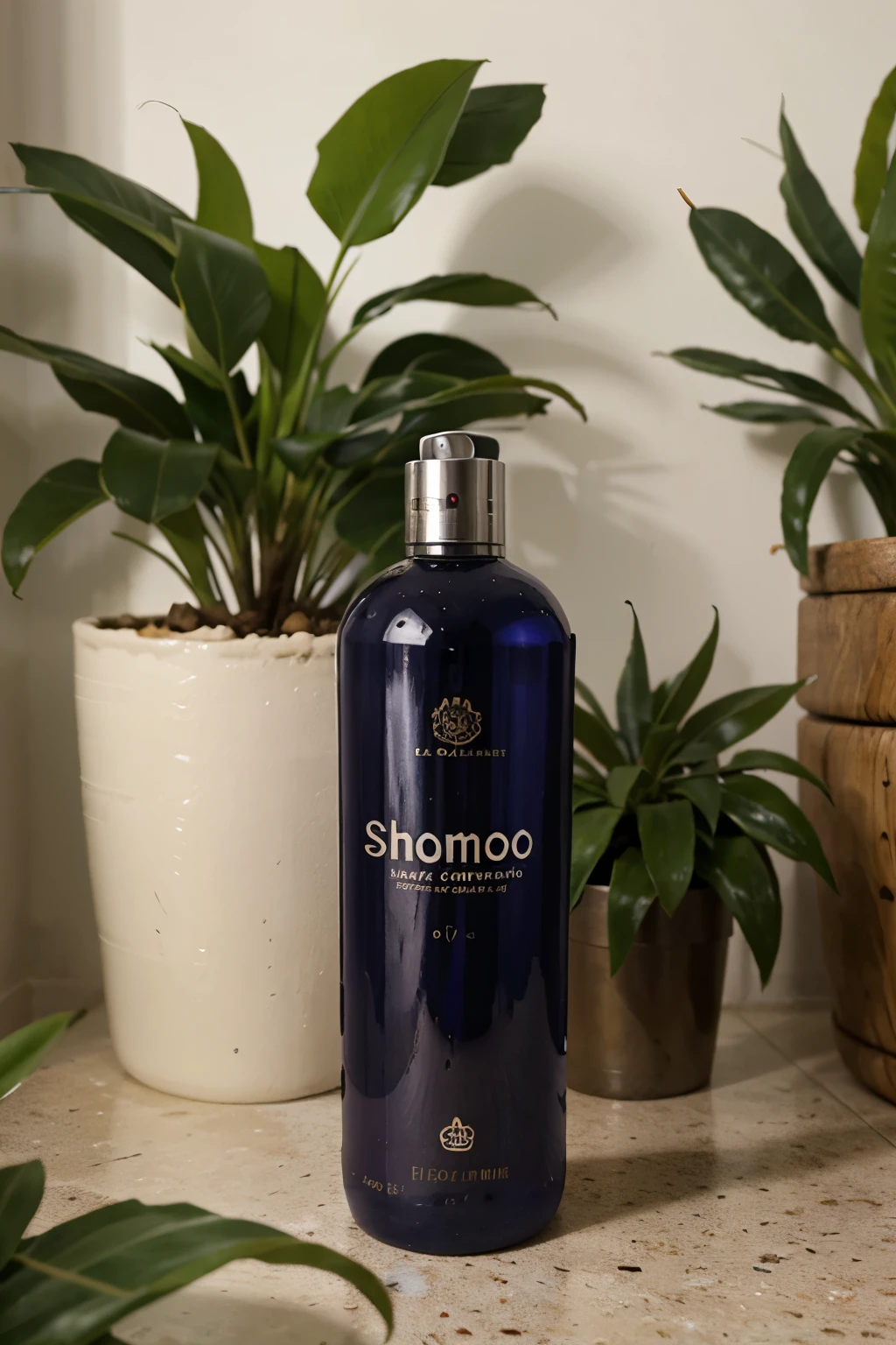 una botella de shampoo en plantas de romero con el nombre sharoom