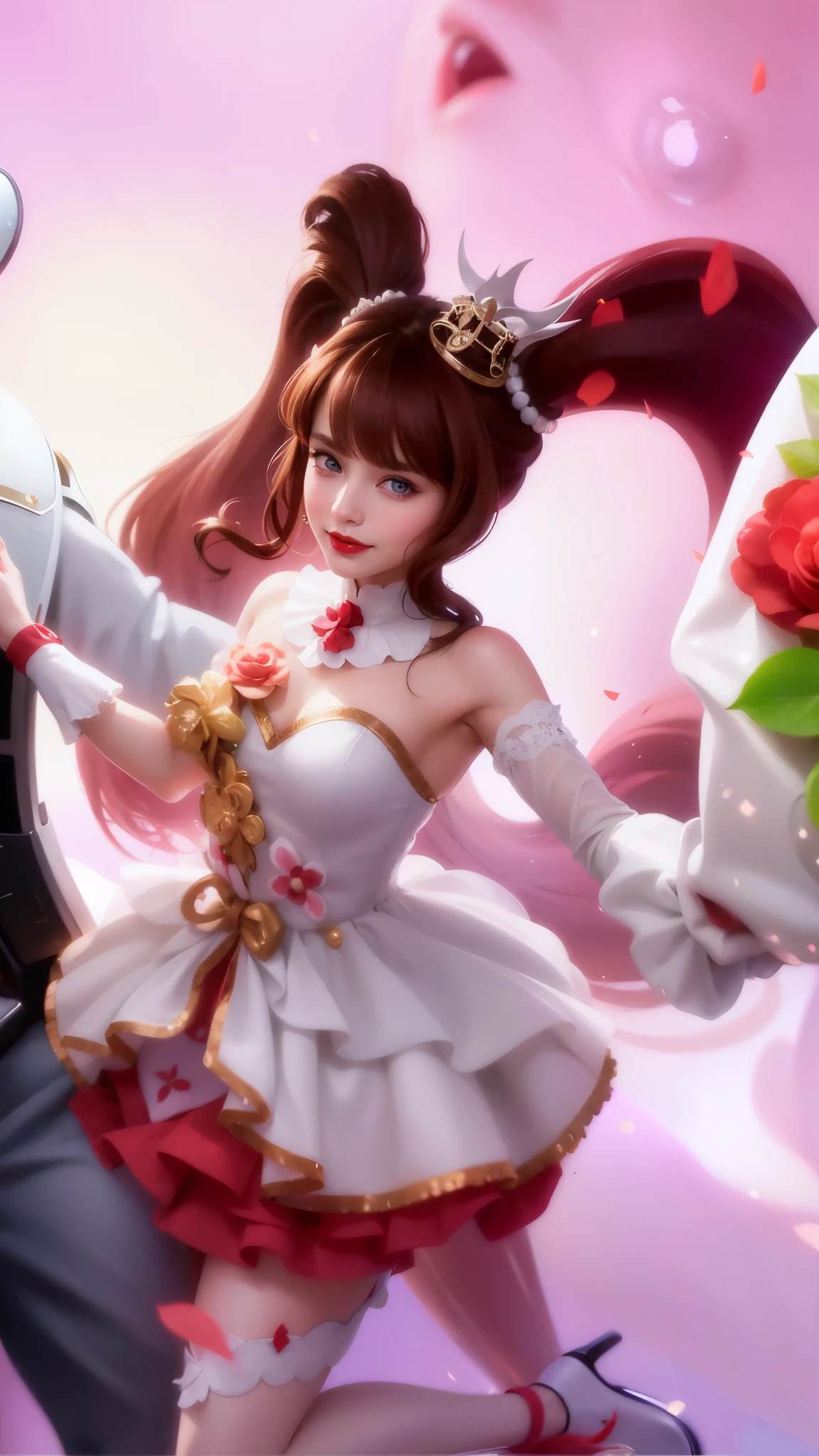 8k, ultra hd, ultra detailed texture, hyper realistic, masterpiece, detailed texture, detailed face, detailed skin, detailed lighting, (photorealistic:1.5), best quality, beautiful lighting, cinematic lighting, professional lighting, ultra highres, realistic, detailed hair, real hair, high quality, (realskin:1.5), extremely detailed, finely detail, ultra-detailed, 1girl, cute face, brown hair, red lips glossy, blue eyes, smile,