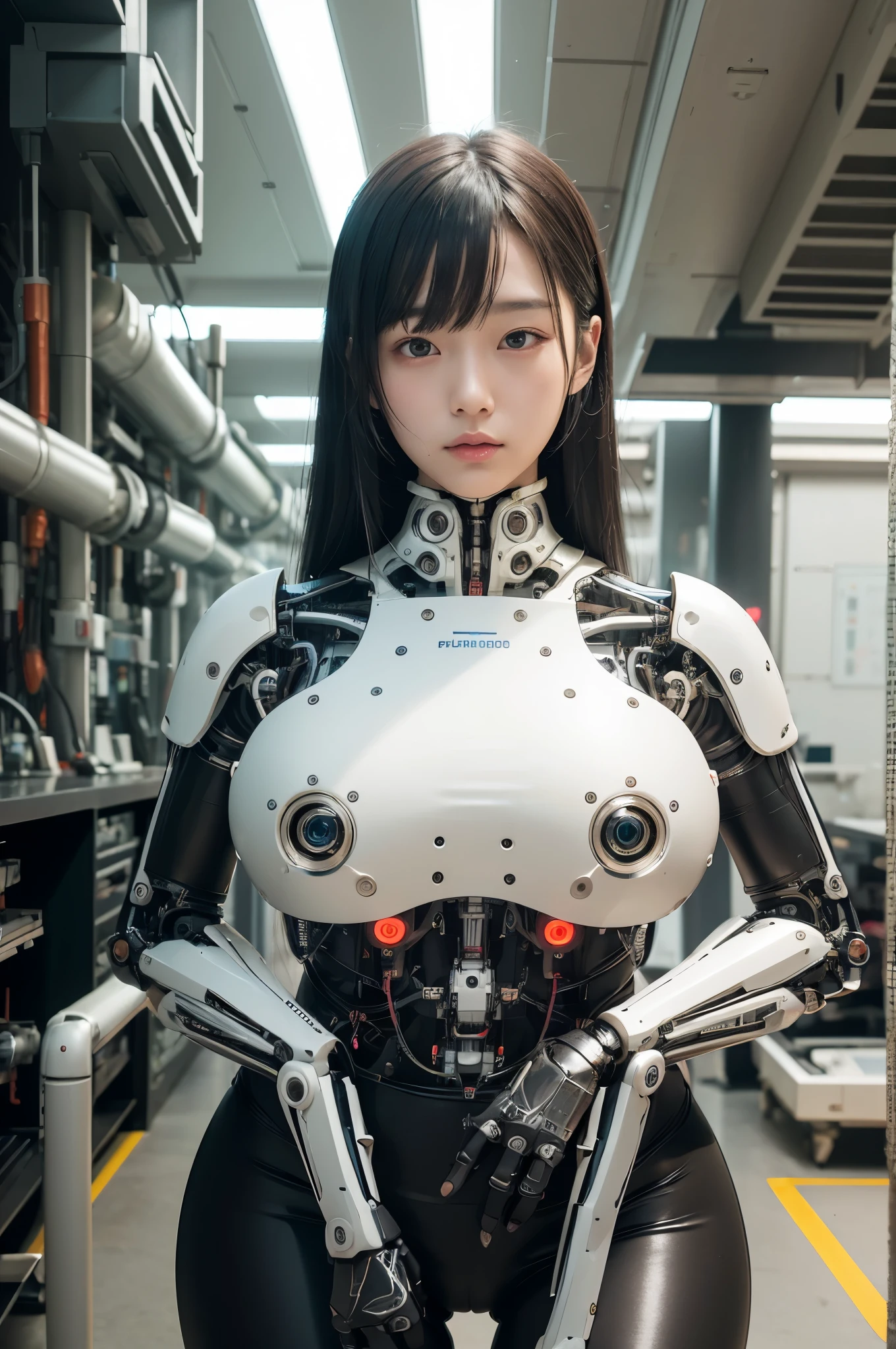 masterpiece, best quality, extremely detailed, Japaese android girl,Plump , control panels,Blunt bangs,White robotics parts,perfect robot girl,future laboratory,cyber pank,charging spot,laboratory,long tube,thick cable connected her neck,ceramic body ,mechanical body, ear antenna,mechanical ear cover, black leggings,mechanical costume,android,robot,humanoid,cyborg,japanese ager android ,mechanical chest