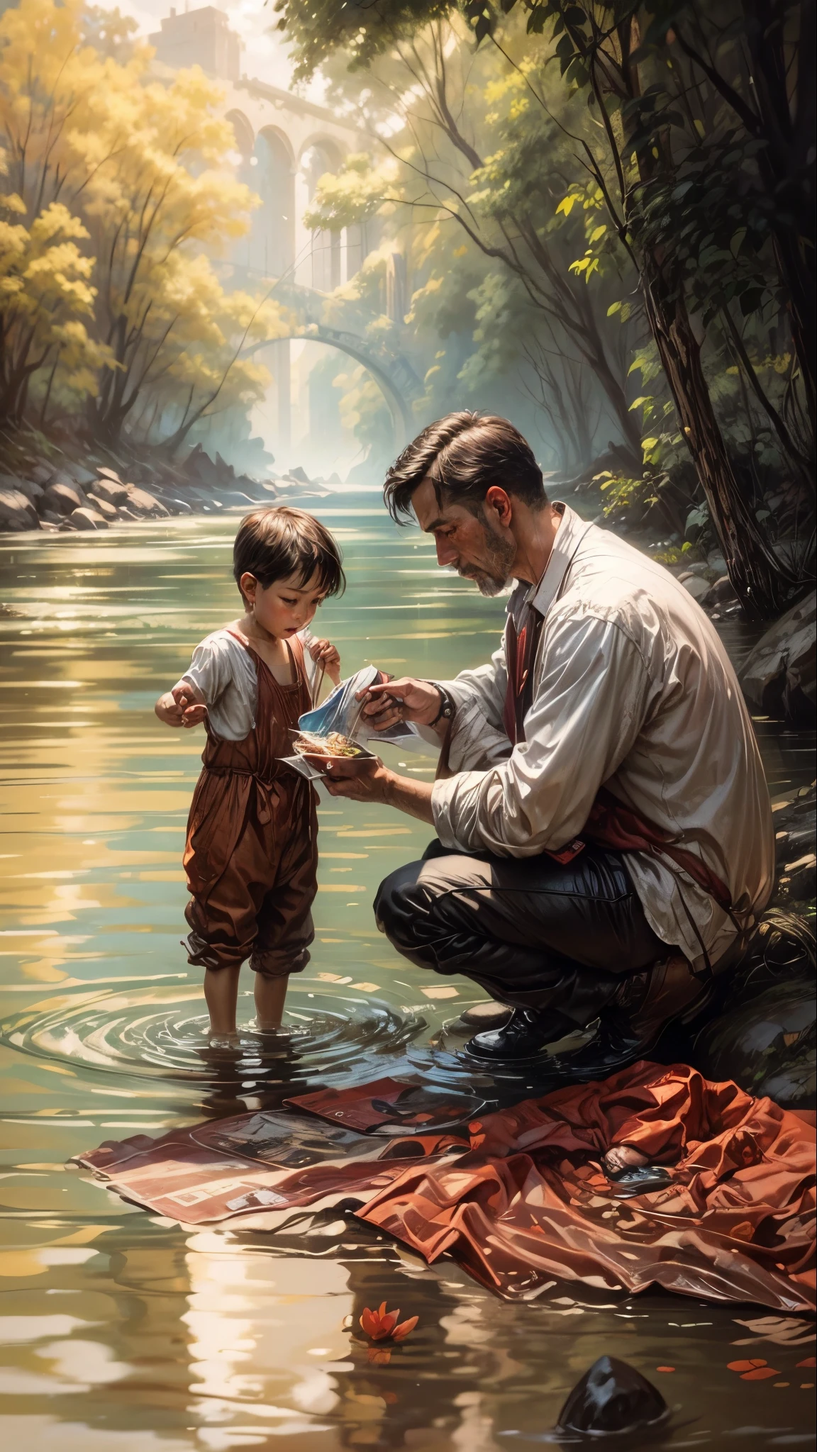 painting of a man and a in a river with a red pool sign, norman rockwell ross tran, ross tran and michael whelan, pino daeni and dan mumford, pool, wadim kashin. ultra realistic, super realistic painting style, hyperrealist portrait in a river, realistic oil painting, pools, realistic illustrative painting, realistic painting style