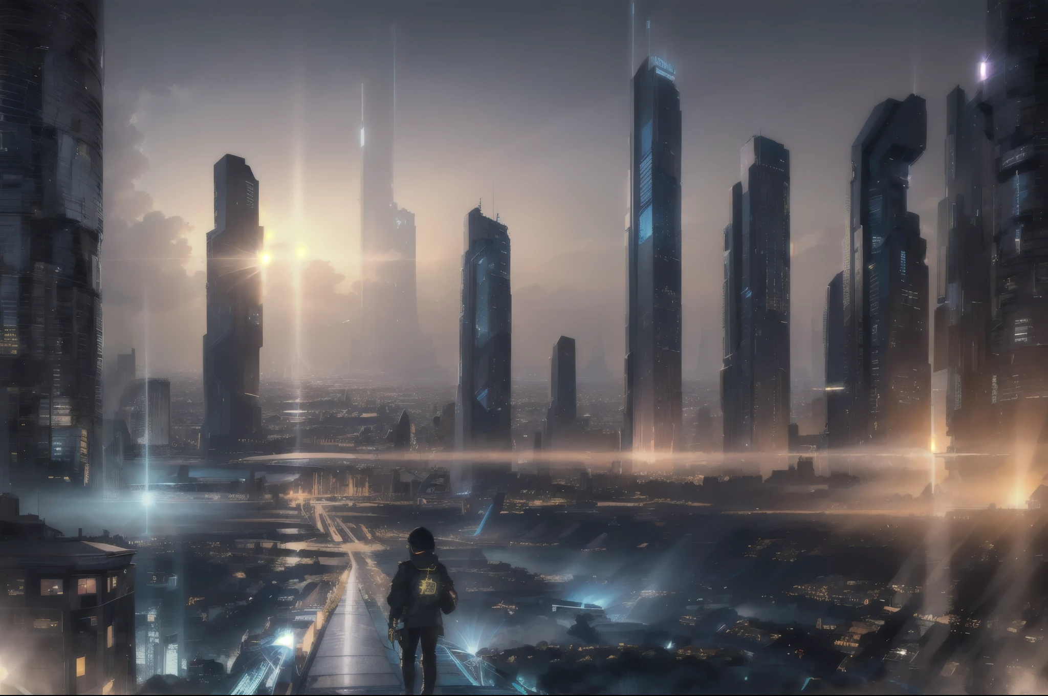 (realista:1.5) EdobSyFyCityLandscape, Luces de la ciudad, luna, oscuro, day, firma, holograma, caminando, chaqueta, luz de sol, varios chicos,