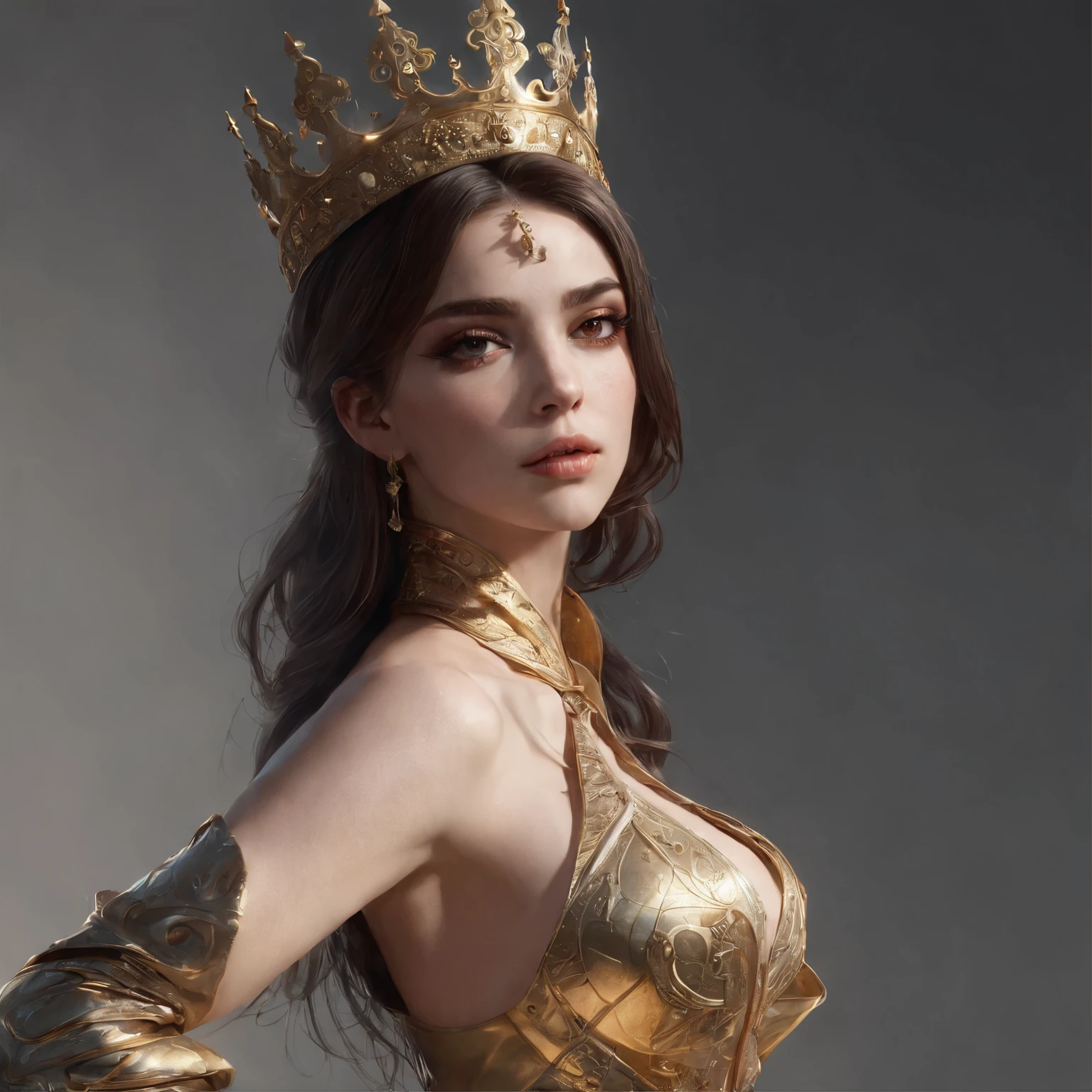 mulher loira com um vestido dourado, V-neckline to the navel, ((fendas laterais)), seios grandes, posando em um campo, inspirado em prostitutas, has ((disposition of kings and nobles)), sexy, sensual, olhar fulminante, sorriso malicioso, postura de mulher dominante, obras de arte no estilo de guweiz, princesa de cabelos loiros, olhos azuis, cores vibrantes, Deusa Loira, estilo de arte de fantasia, linda donzela de fantasia, linda mulherqedutora, inspirado em WLOP, O primeiro trabalho de Guweiz, realistic fantasy rendering, cinematic quality