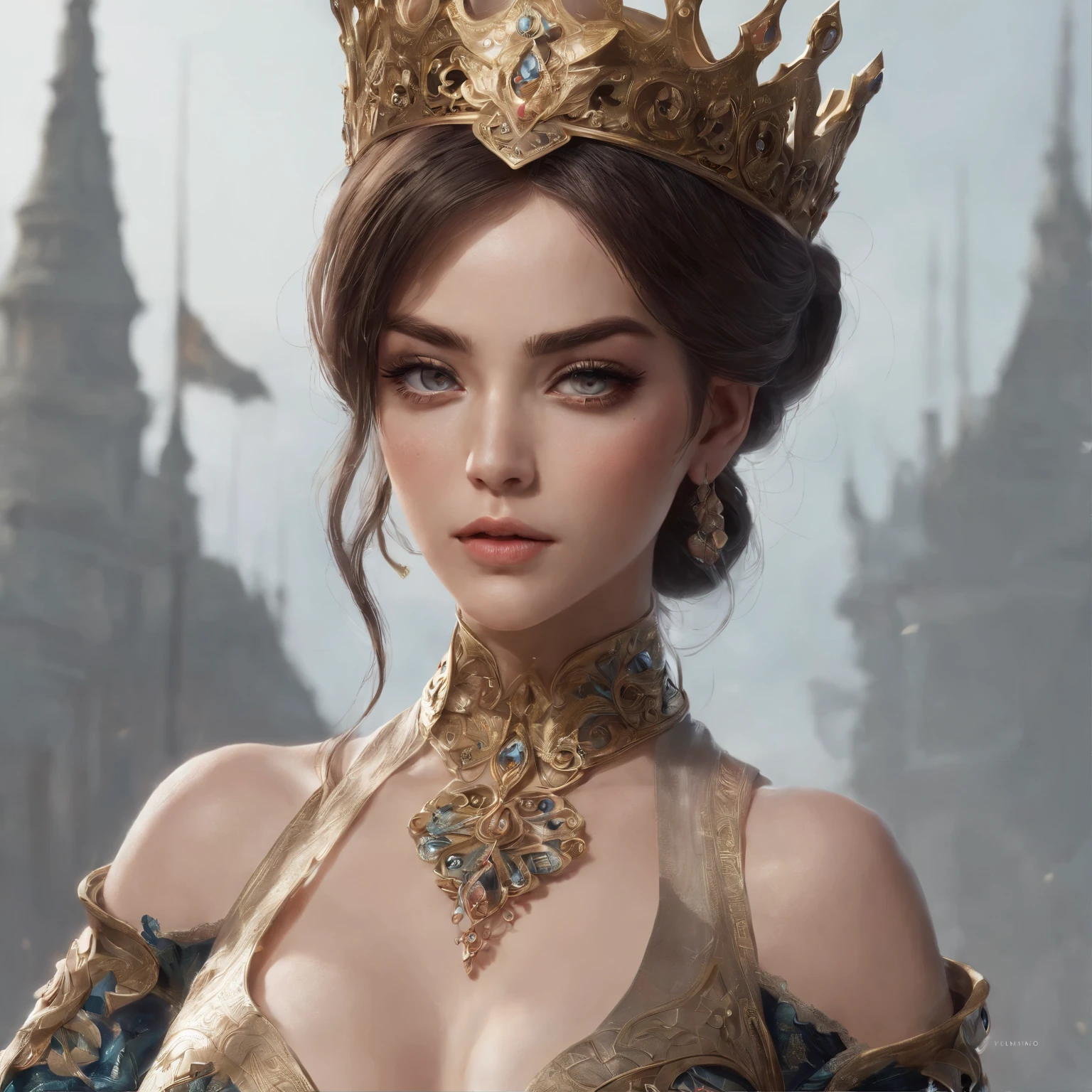 mulher loira com um vestido dourado, V-neckline to the navel, ((fendas laterais)), seios grandes, posando em um campo, inspirado em prostitutas, has ((disposition of kings and nobles)), sexy, sensual, olhar fulminante, sorriso malicioso, postura de mulher dominante, obras de arte no estilo de guweiz, princesa de cabelos loiros, olhos azuis, cores vibrantes, Deusa Loira, estilo de arte de fantasia, linda donzela de fantasia, linda mulherqedutora, inspirado em WLOP, O primeiro trabalho de Guweiz, realistic fantasy rendering, cinematic quality