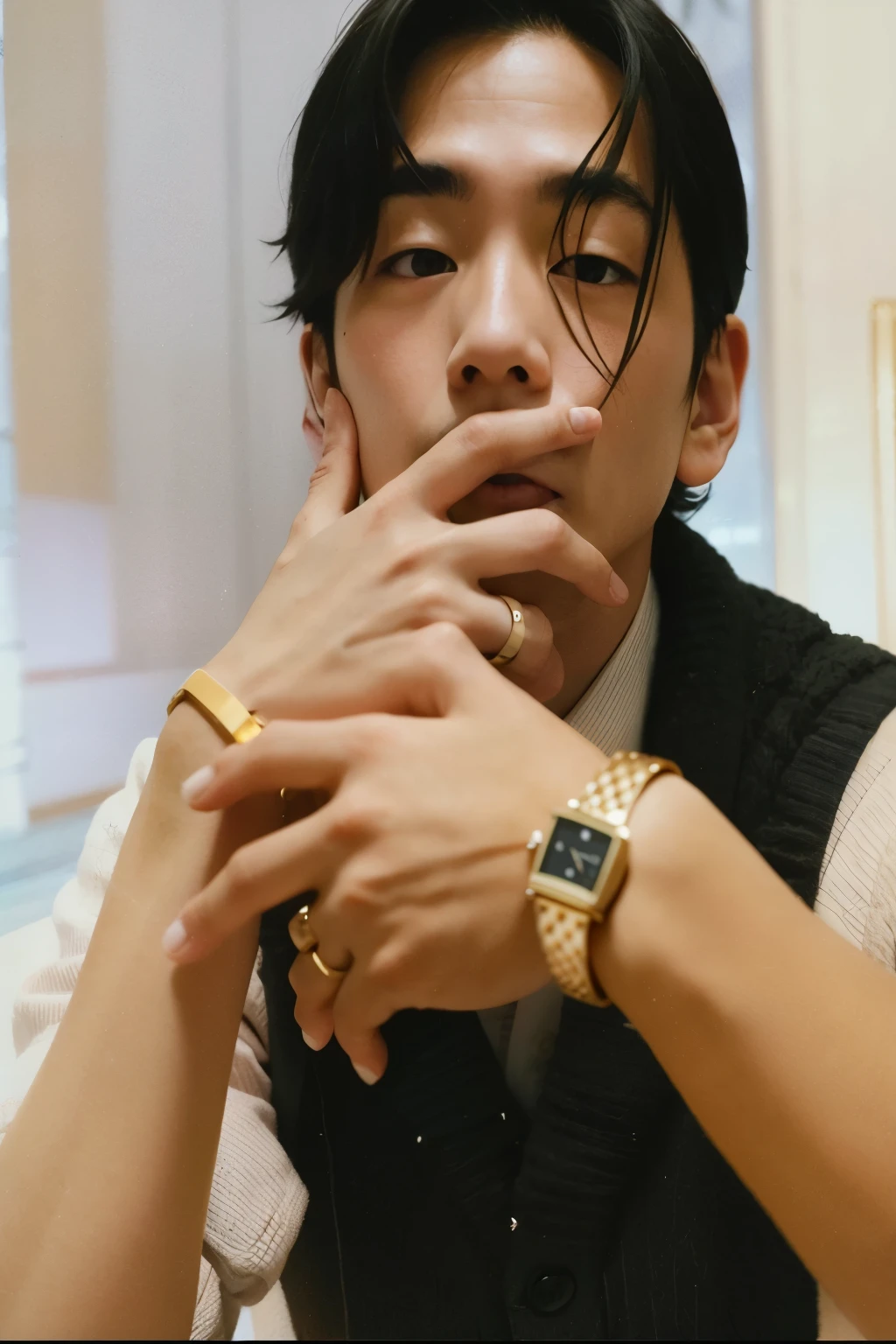araffed asian man with a watch and a watch in his hand, lee wonbin, estilo cartier, in style of kentaro miura, style of kentaro miura!!!!, jungkook, inspirado en Zhu Da, Sosteniendo un reloj de oro, hyung tae, al estilo de kar wai wong, para gq, cai xukun, por Tadashi Nakayama