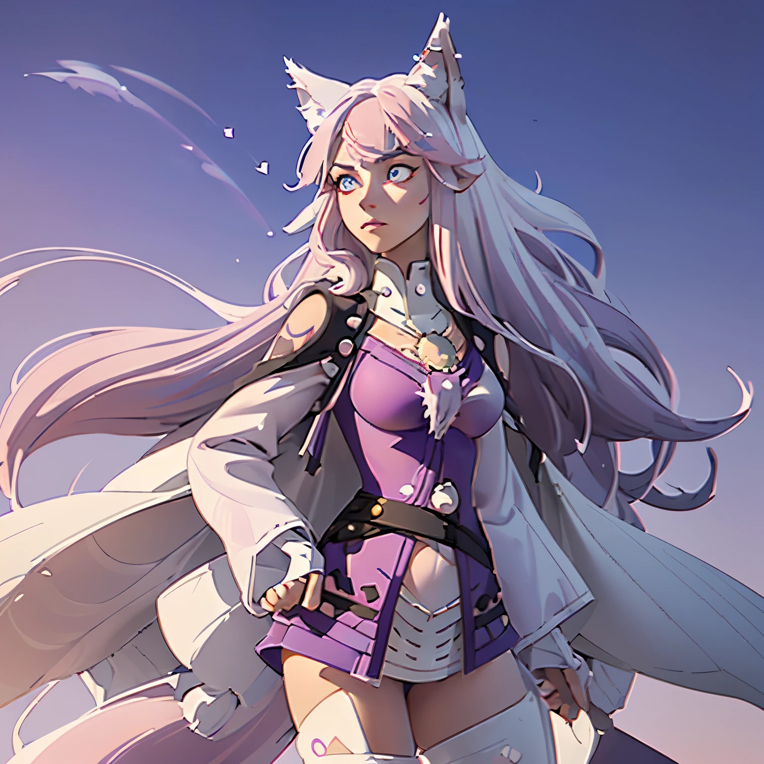 1 girl, fox ears, fox tail, (one tail), ((White tail above the pink tail))
(((white hair and pink hair down))), white skin, beautiful face, moon fox, (((blue eyes with purple streaks))) , long hair, medium to large , (((white short tunic))), ((( tattoo on the thigh))) , pretty thigh , pretty body, pretty bangs , hot face, (((Elongated eyes))), HD