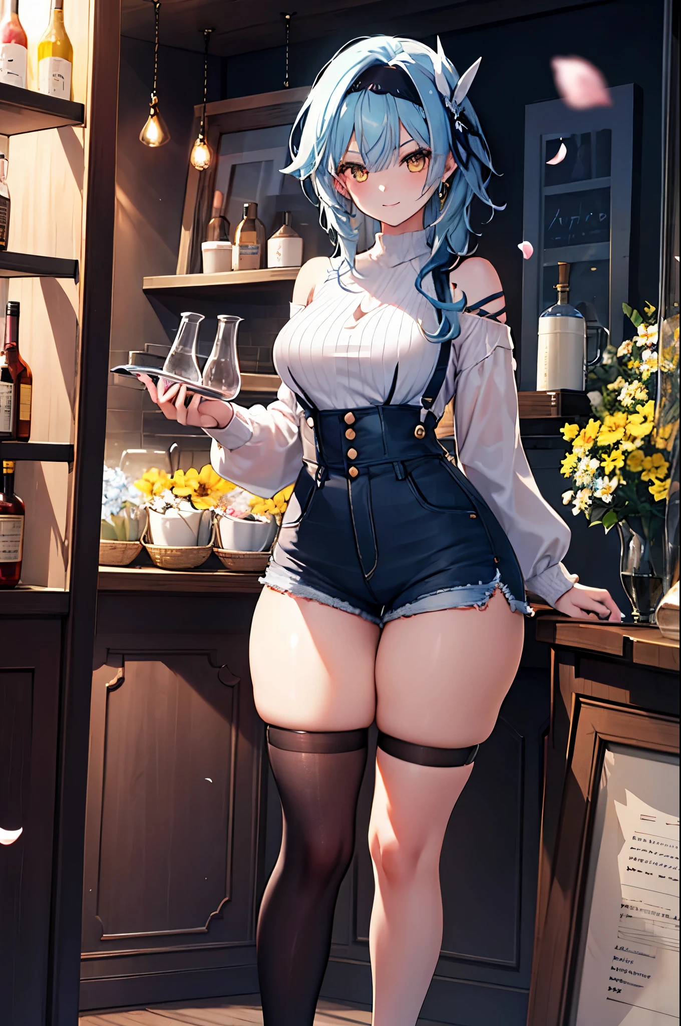 realistic image, coherent image, detailed image, 1 beautiful girl. She has short light blue hair that extends to her shoulders and her bangs reach to her eyebrows. Above her bangs, Eula wears a black headband and a hairpin to the left of her. Purplish yellow eyes, long eyelashes. Her face is oval and delicate. smiling seductively. She is wearing a long-sleeved shirt, jean shorts, and mid-thigh stockings. She has a curvy body, medium breasts and thick thighs. Surrounded by European shops, flower petals falling. natural lighting in front, volumetric lighting
