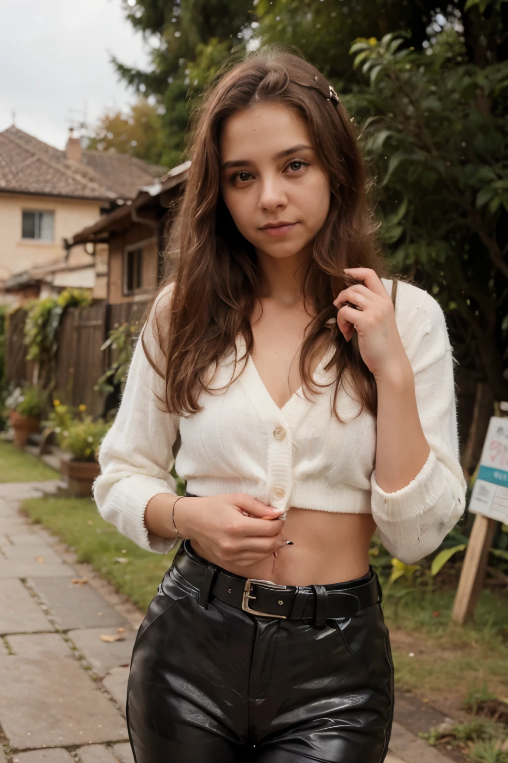 bigfaketits, primeiro plano: Uma linda mulher europeia, 18 anos, cabelos ondulados molhados ao vento. She is a men&#39;s magazine model, She has a subtle smile and flirts with the camera, (She wears casual shirt with long woolen sweater and latex pants with big belt:1.2),fundo lindo quarto moderno, Olhos perfeitos, perfect hands, corpo perfeito, cabelo perfeito, peito perfeito, hair behind the ear, Ultra HD, Retina, obra de arte, Preciso, anatomicamente correto, Pele Texturizada, Super detalhe, Detalhes altos, alta qualidade, premiado, melhor qualidade, high resolution, 16K, 8K,