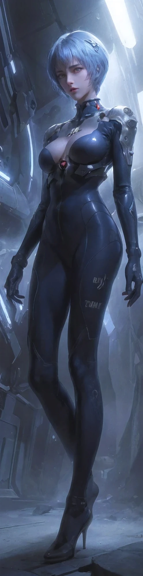 from below,rei ayanami,30 years old,evangelion body suit,dark,blue hair,beautiful detailed eyes,beautiful detailed lips,extremely detailed eyes and face,long eyelashes,serious expression,futuristic city backdrop,neon lights,blue and purple color palette,studio lighting,vivid colors,ultra-detailed,realistic,photorealistic,photo-realistic,Raw,16K,ultra high res,cinematic shot,twilight lighting,volumetric lighting,dramatic lighting,(photorealistic,realism,depth_of_field:1.5),