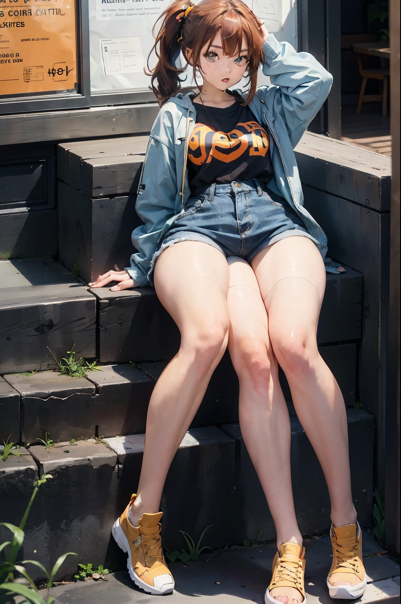 girl, age 16,y, trendy teenage fashion, three legs, auburn hair,