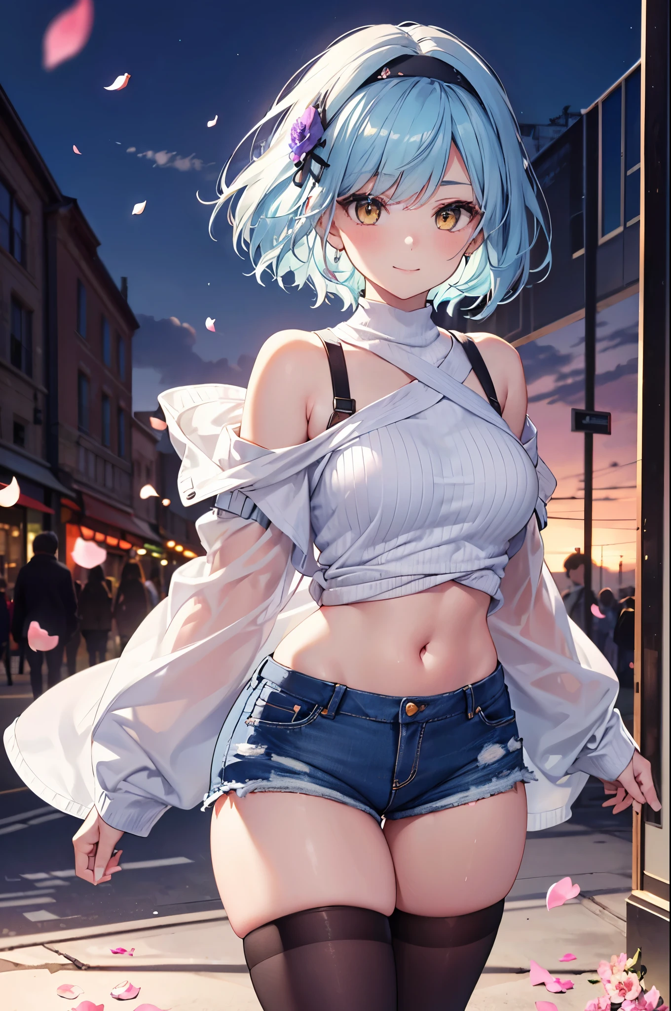 realistic image, coherent image, detailed image, 1 beautiful girl. She has short light blue hair that extends to her shoulders and her bangs reach to her eyebrows. Above her bangs, Eula wears a black headband and a hairpin to the left of her. Purplish yellow eyes, long eyelashes. Her face is oval and delicate. smiling seductively. She is wearing a long-sleeved shirt, jean shorts, and mid-thigh stockings. She has a curvy body, medium breasts and thick thighs. Surrounded by European shops, flower petals falling. natural lighting in front, volumetric lighting