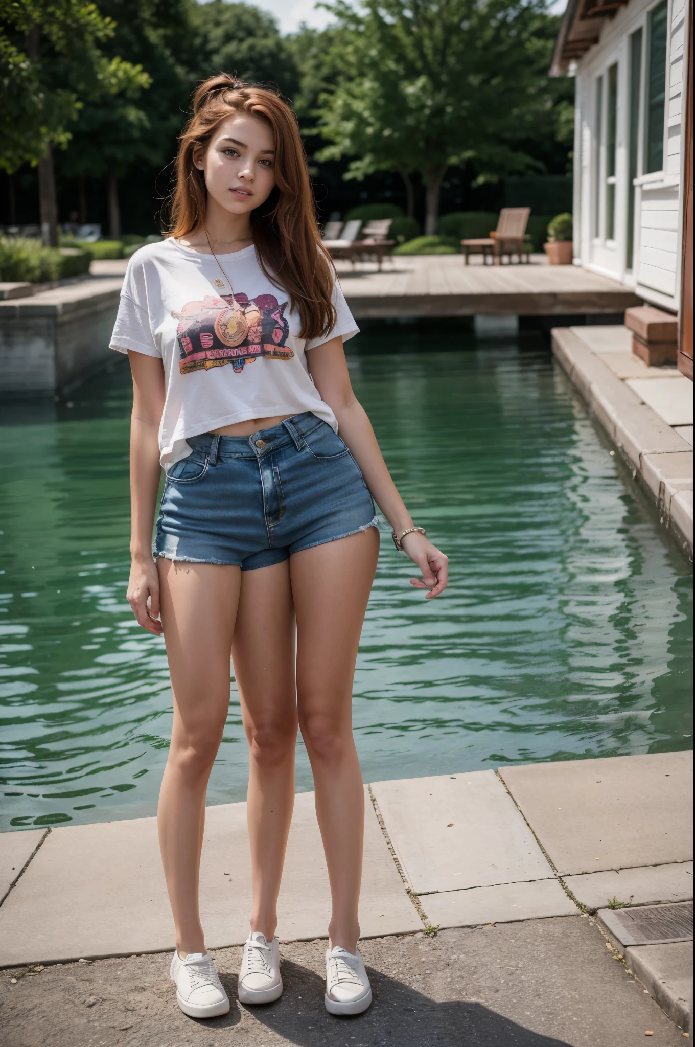  girl, age 16,y, trendy teenage fashion, three legs, auburn hair,