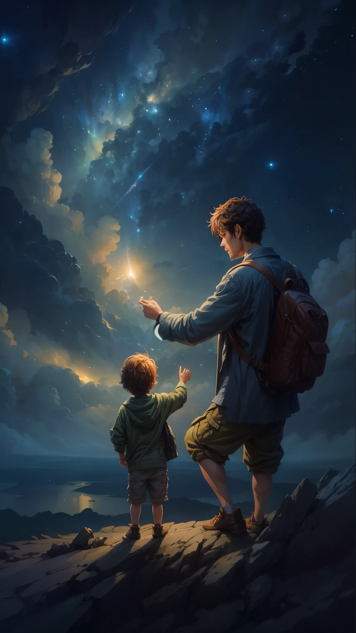 they are looking at the stars in the sky, cyril rolando and goro fujita, rob rey, they are very serious, they reach into his mind, cyril rolando and m.w kaluta, cyril rolando and m. w kaluta, the sky is all that illuminates, by RHADS, ross tran and michael whelan