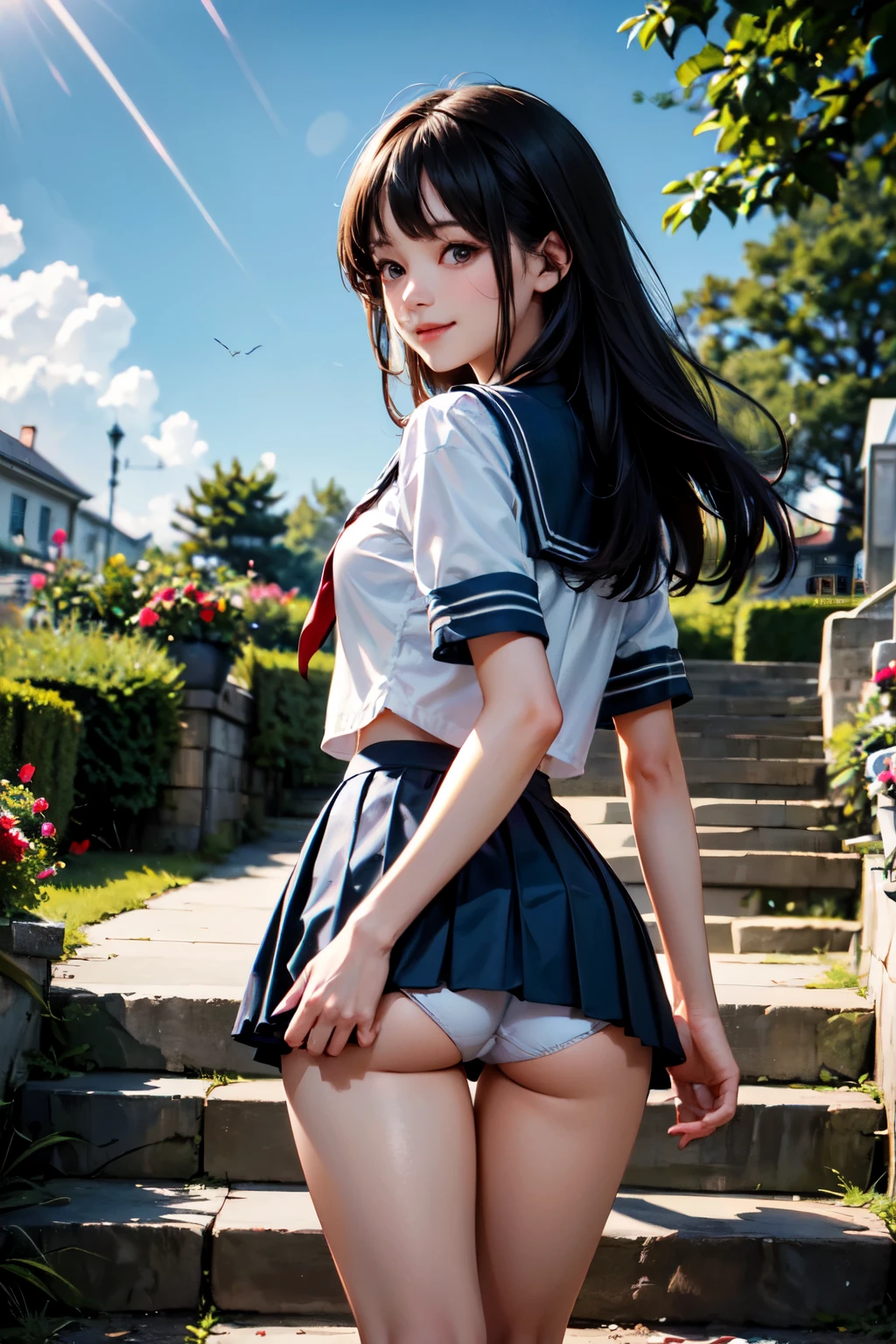 very cute and beautiful girl,(highly detailed beautiful face),
(smile:1.2),sailor school uniform,pleated navy blue mini skirt,
(looking back,from behind),leaning forward,from below,white ,
flower garden,stone stairs,shrubbery,detailed landscape,
black hair,looking at viewer,
(best quality,masterpiece:1.2),absurdres,highres,ultra-detailed,extremely detailed,32k,8k resolution,
intricate details,cinematic scene,detailed background,solo,dynamic angle,
hair fluttering in the wind,beautiful detailed sky,