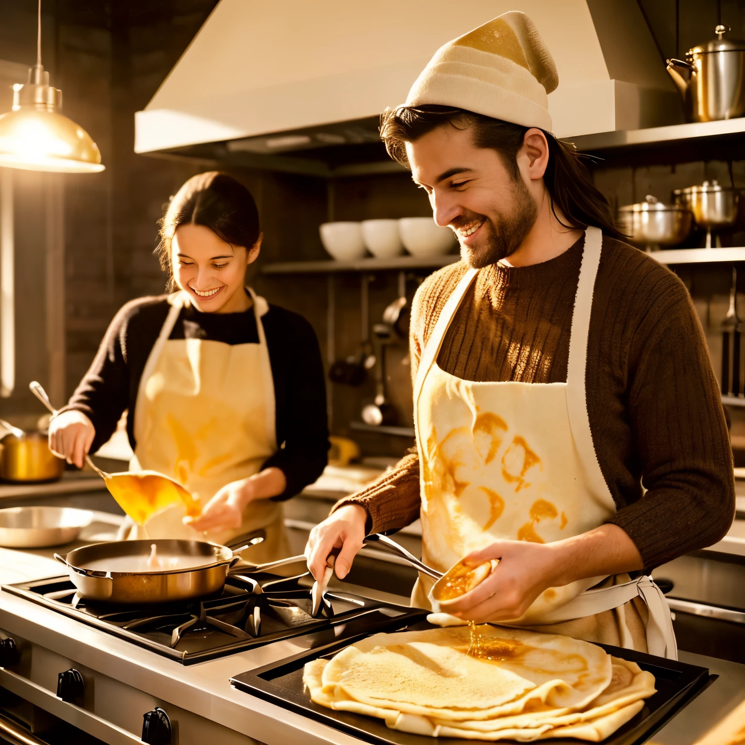 ((Best quality, 8K, Masterpiece :1.3)), A happy family, preparing crepes: 1.2, ((Cozy kitchen, warm ambiance: 1.4)), Parents and children working together: 1.5, ((Detailed facial expressions, natural smiling faces: 1.3)), Aunt with long, wavy hair: 1.2, ((Chef's hat, aprons, and charming outfits: 1.2)), Saying "Crépe Suzette" recipe in unison: 1.1, ((Golden crêpes sizzling on a pan: 1.2)),((Sprinkling powdered sugar, adding