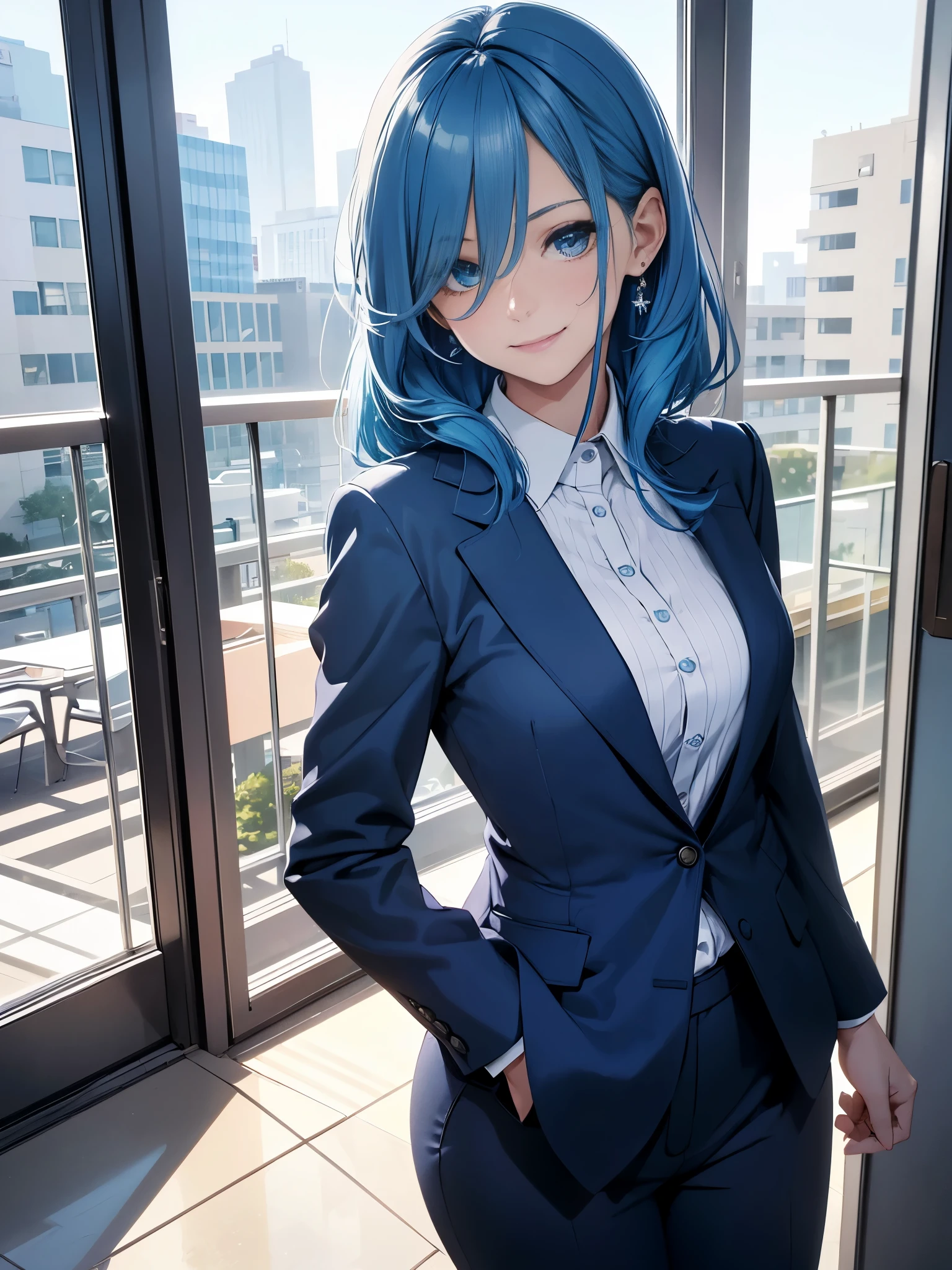 best quality, 32k, RAW photo, incredibly absurdres, extremely detailed, delicate texture, intelligent beauty, medium hair, shoulder-length hair, blue hair, aquamarine eyes, hair over one eye, wearing business pantsuit, playful, cute smile, closed mouth, outside office balcony