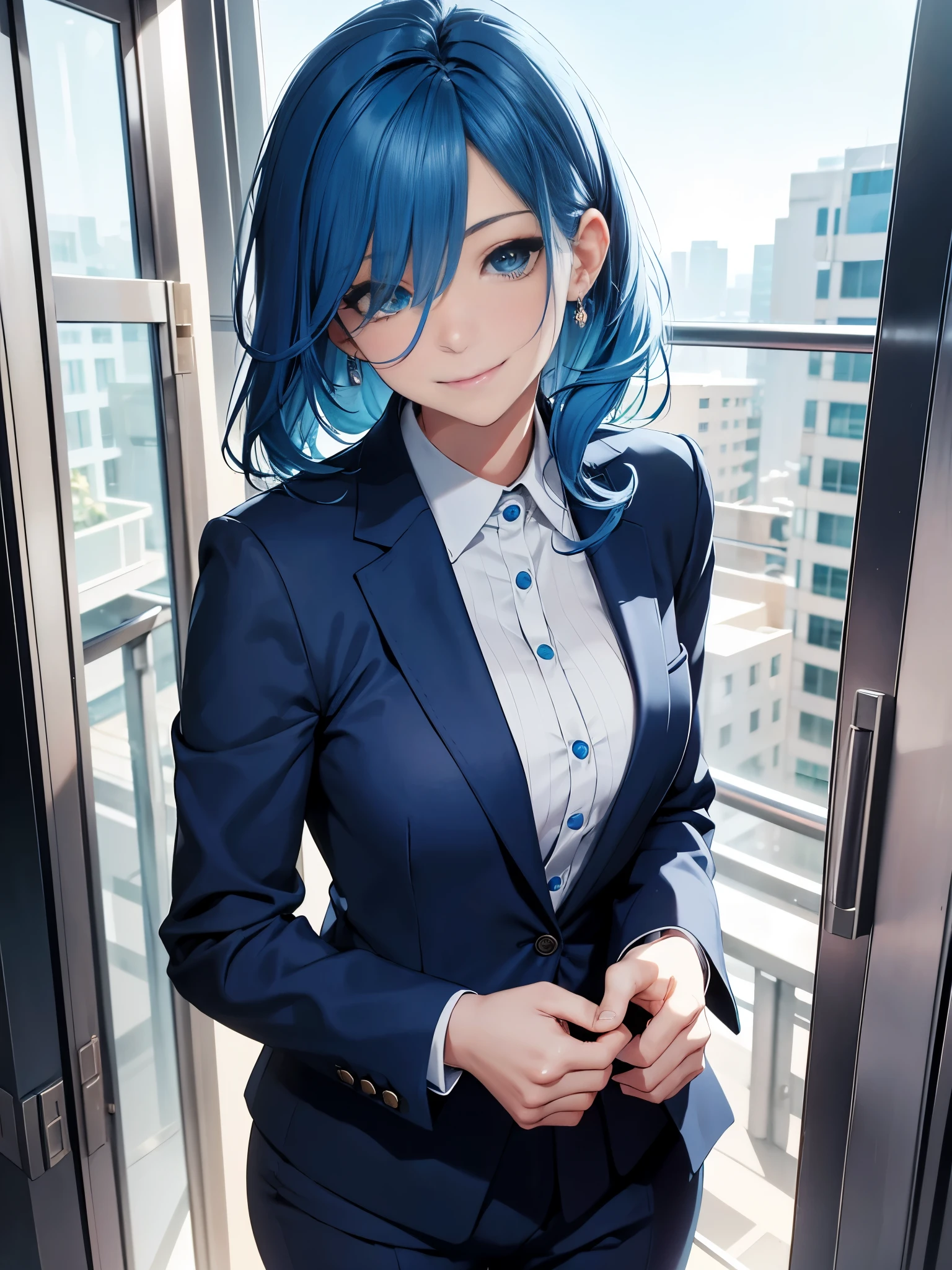 best quality, 32k, RAW photo, incredibly absurdres, extremely detailed, delicate texture, intelligent beauty, medium hair, shoulder-length hair, blue hair, aquamarine eyes, hair over one eye, wearing business pantsuit, playful, cute smile, closed mouth, outside office balcony