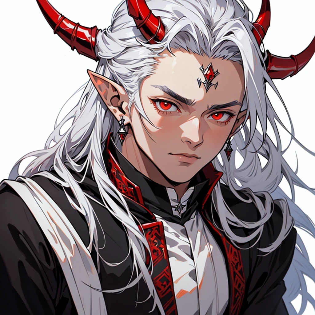 medieval anime art, masterpiece, best quality, (((high resolution))), male, solo, portrait, detailed composition, detailed eyes, (((white background))), elf ears, long silver hair, spiky horns, (((wearing black and red wizard outfit))), orange eyes, earrings, diamond on his forehead