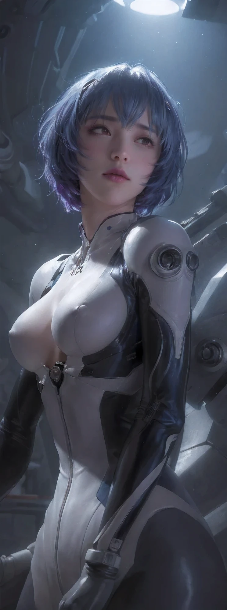 (from below,upper body:1.5),rei ayanami,30 years old,evangelion body suit,dark,blue hair,beautiful detailed eyes,beautiful detailed lips,extremely detailed eyes and face,long eyelashes,serious expression,futuristic city backdrop,neon lights,blue and purple color palette,studio lighting,vivid colors,ultra-detailed,realistic,photorealistic,photo-realistic,Raw,16K,ultra high res,cinematic shot,twilight lighting,volumetric lighting,dramatic lighting,(photorealistic,realism,depth_of_field:1.5),