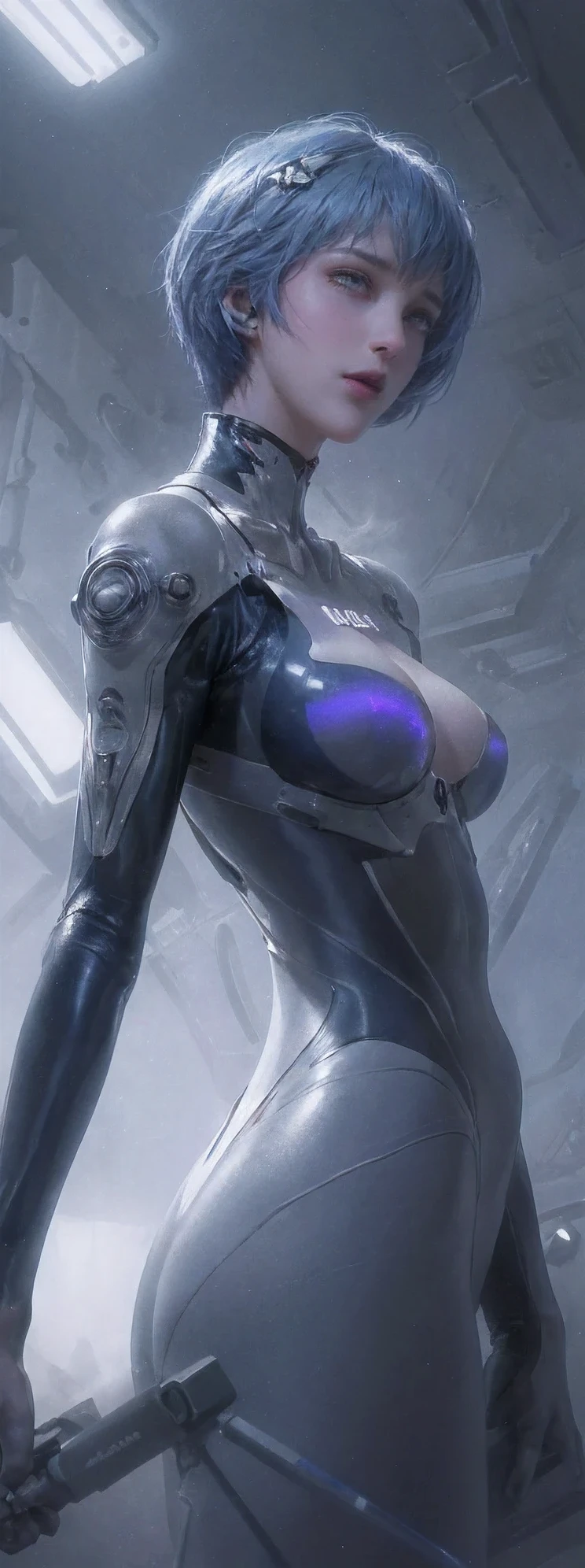 (from below,upper body:1.5),rei ayanami,30 years old,evangelion body suit,dark,blue hair,beautiful detailed eyes,beautiful detailed lips,extremely detailed eyes and face,long eyelashes,serious expression,futuristic city backdrop,neon lights,blue and purple color palette,studio lighting,vivid colors,ultra-detailed,realistic,photorealistic,photo-realistic,Raw,16K,ultra high res,cinematic shot,twilight lighting,volumetric lighting,dramatic lighting,(photorealistic,realism,depth_of_field:1.5),