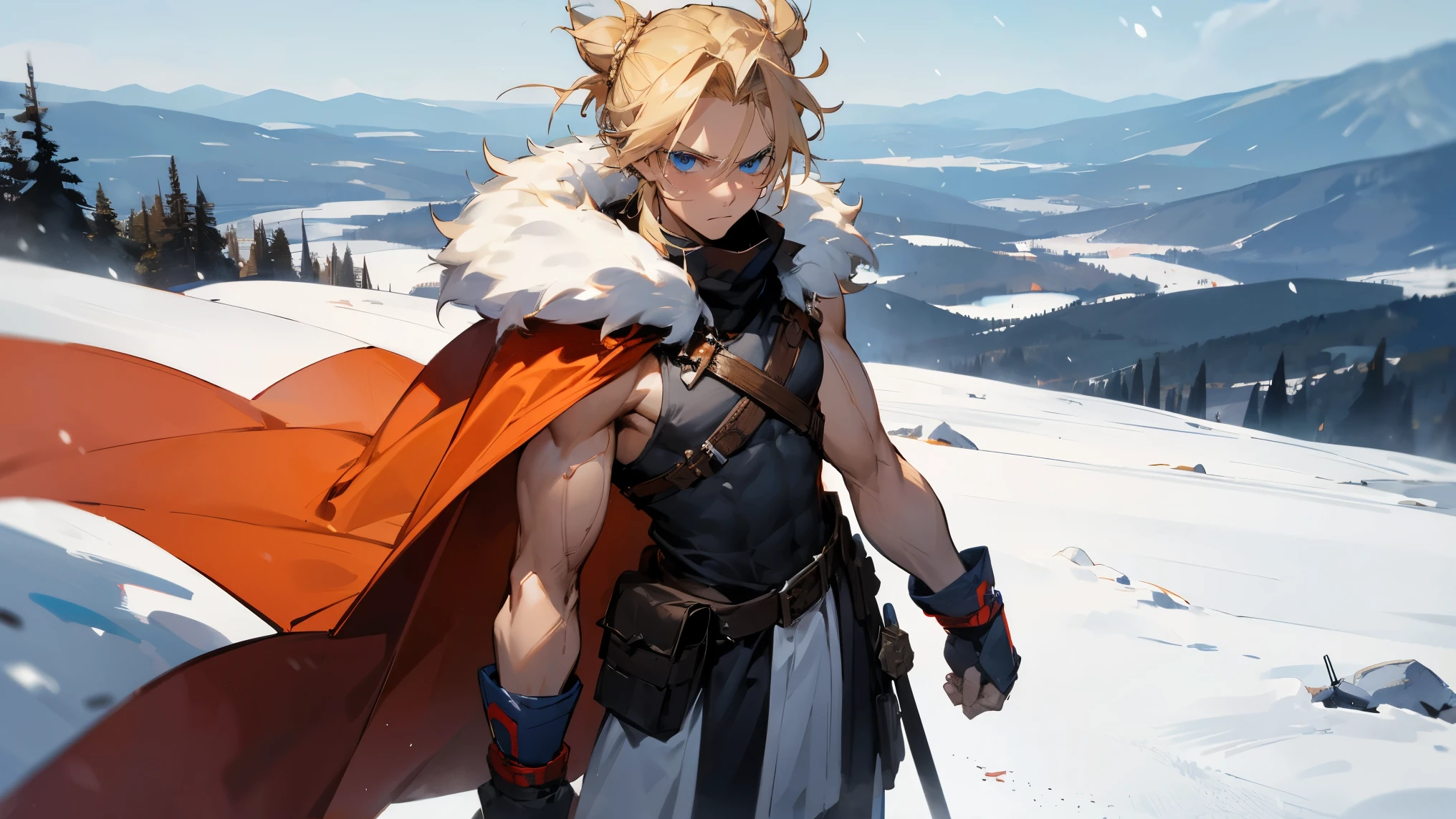 1male , Fur Cape , Combat Clothing , Sleeveless , Teen Male , Muscular , Blonde Hair Tied in a Bun , Messy Hair , Serious Expression , Blue Eyes , Wristguards , Standing on a snowy mountain , Facing Viewer 