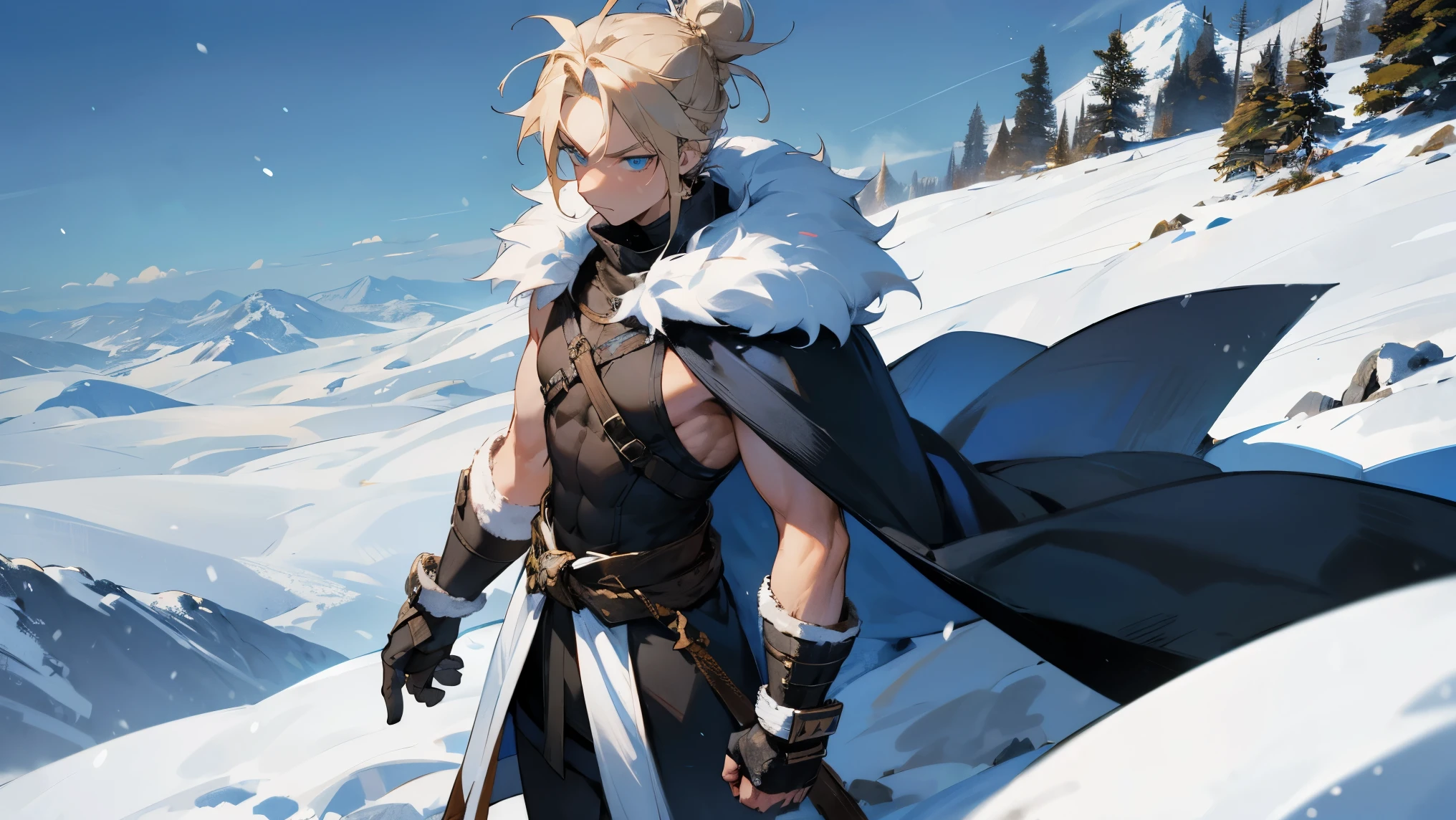 1male , Fur Cape , Combat Clothing , Sleeveless , Teen Male , Muscular , Blonde Hair Tied in a Bun , Messy Hair , Serious Expression , Blue Eyes , Wristguards , Standing on a snowy mountain , Facing Viewer 