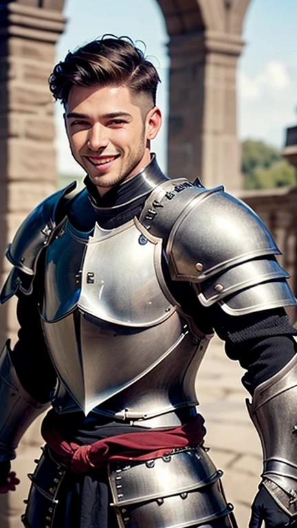 ((best quality: 1.5)) ((masterpiece: 0.8)), intricate details, sharp focus, professional, photorealistic, real life, realistic representation of the face, ((((solo, male) muscular (smiling, joyful expression)))) dynamic action pose, homely face, in the style of realistic and hyper detailed renderings, outdoor, castle, courtyard, pillar, solo, BREAK; BREAK ((((short undercut hair, [dark hair:blonde hair:0.6])))), (blemish: 0.7), ((fujicolor)), BREAK; BREAK ((((futuristic male man masculine paladin, ((lacquered black armor:1.4, breastplate, weapon, knight, (rivets))), photorealistic, hyper-realistic))))