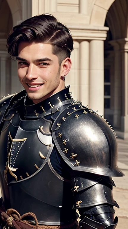 ((best quality: 1.5)) ((masterpiece: 0.8)), intricate details, sharp focus, professional, photorealistic, real life, realistic representation of the face, ((((solo, male) muscular (smiling, joyful expression)))) dynamic action pose, homely face, in the style of realistic and hyper detailed renderings, outdoor, castle, courtyard, pillar, solo, BREAK; BREAK ((((short undercut hair, [dark hair:blonde hair:0.6])))), (blemish: 0.7), ((fujicolor)), BREAK; BREAK ((((futuristic male man masculine paladin, ((lacquered black armor:1.4, breastplate, weapon, knight, (rivets))), photorealistic, hyper-realistic))))