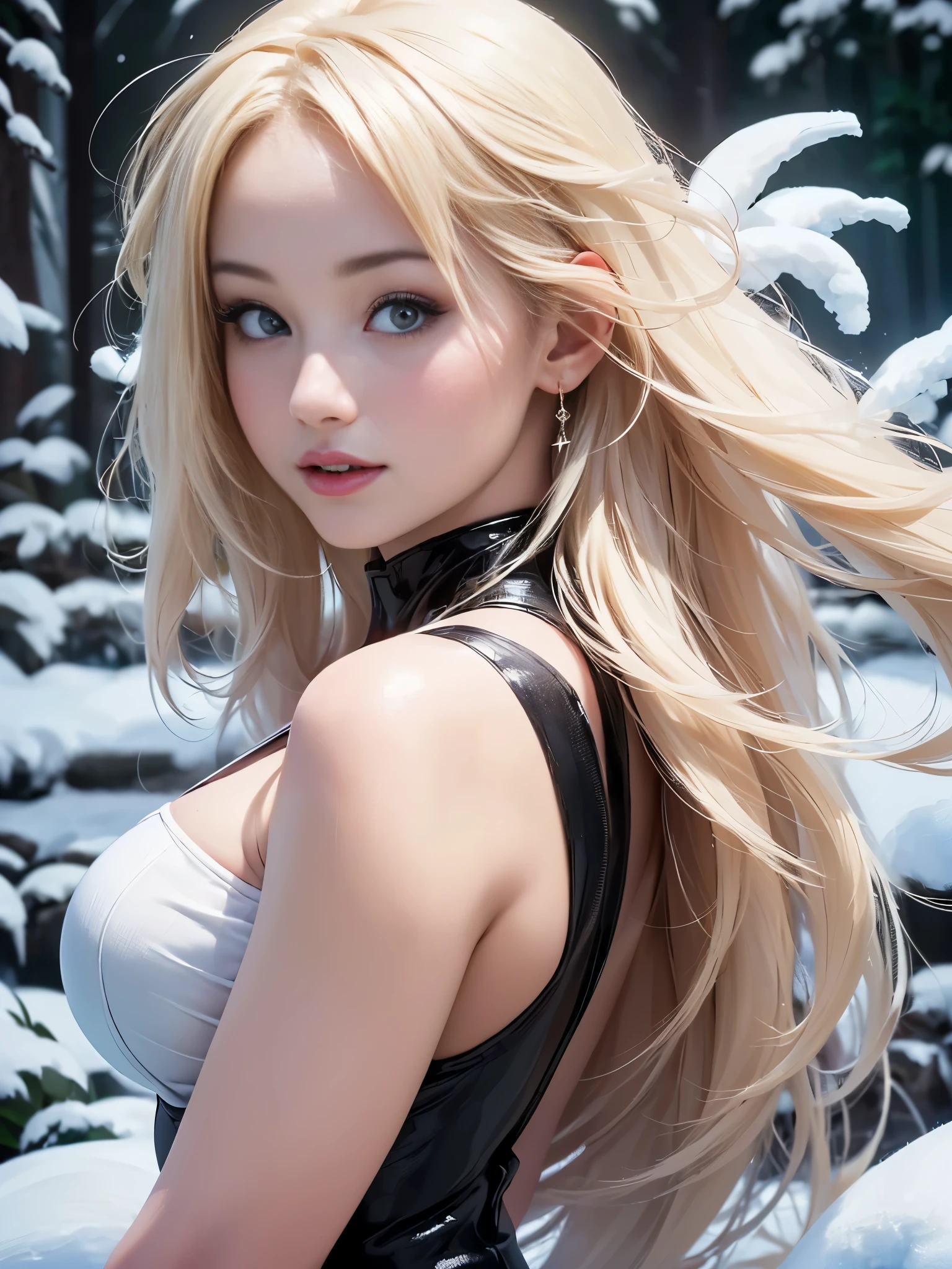 (highest quality, 8k, High resolution, realistic:2.0), (((alone, one girl:2.0))),(lit: front),(lit: strong),(ultimate beautiful girl:2.0),(shiny skin),(oily skin),(platinum blonde hair:1.3),(straight long hair:2.0),blush brown makeup , dark eye makeup , use pink glossy lipstick,(girl with big beady eyes:1.5),((round face, smile, big breasts,big ass))、flushed complexion、(upper body portrait) 、((snowy winter outdoors))、（anatomically correct）、（perfect body proportions)、 ((perfect hands))、 (((perfect fingers)))、(oily skin:1.5)、Cherry Blossom