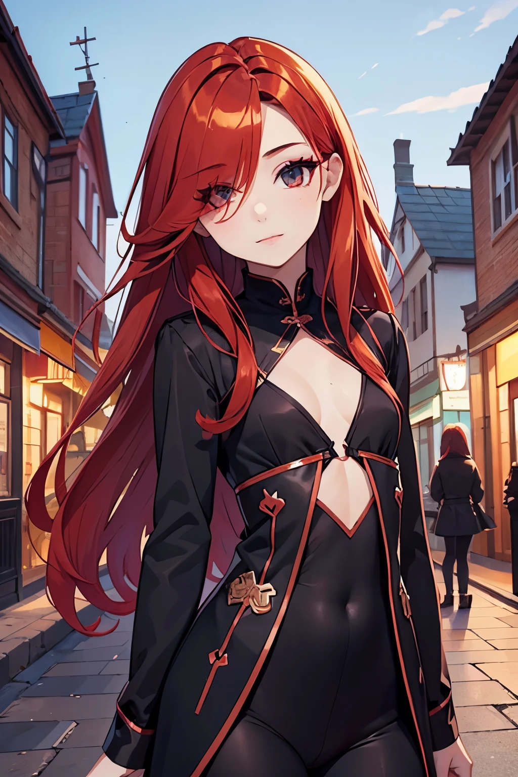 13 year old girl、he is short、small breasts、girl with long orange red hair、flat chest、、hair covering right eye、Black Witch Clothes、Have fun with your fellow girls、with town background