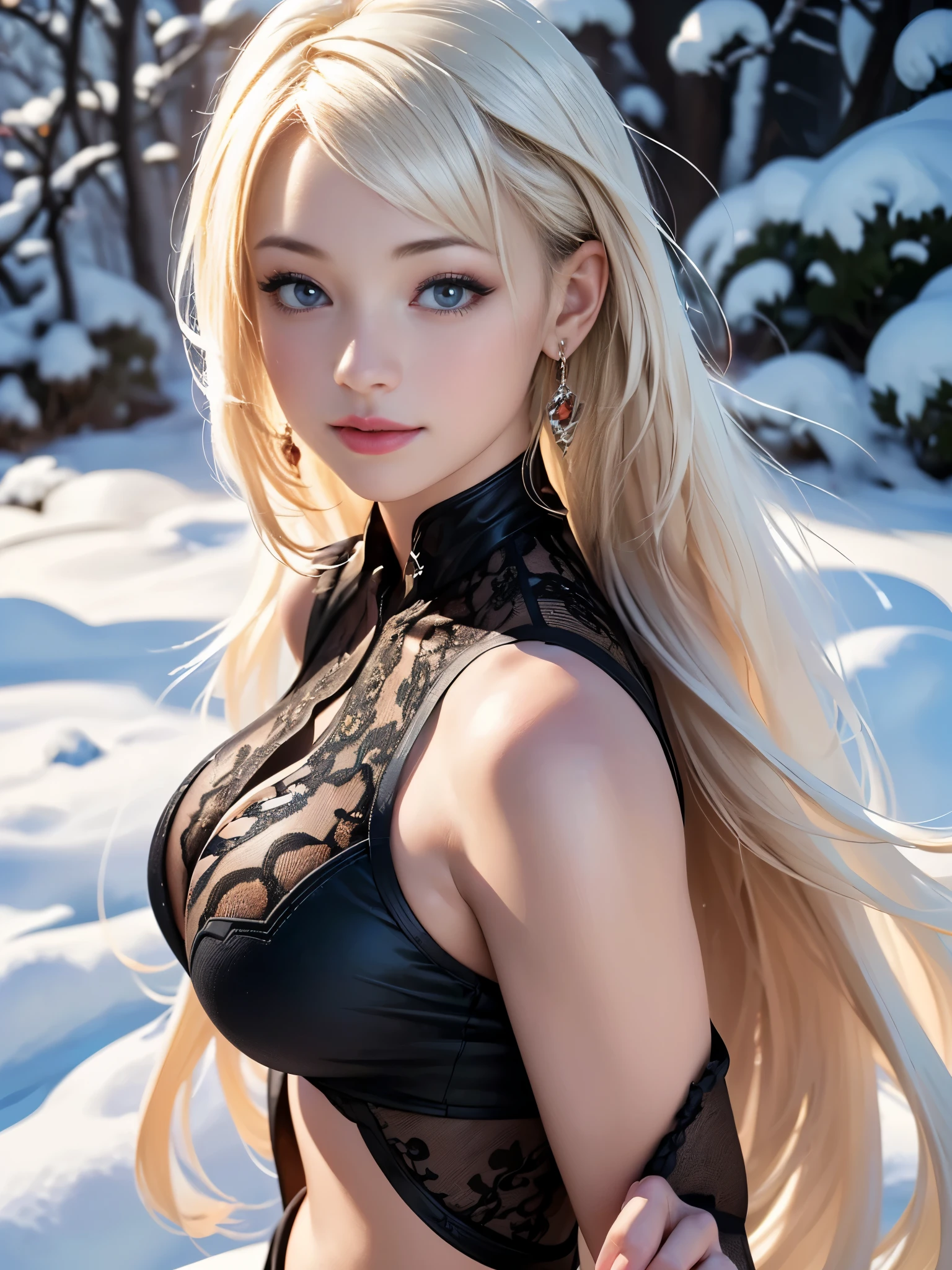 (highest quality, 8k, High resolution, realistic:2.0), (((alone, one girl:2.0))),(lit: front),(lit: strong),(ultimate beautiful girl:2.0),(shiny skin),(oily skin),(platinum blonde hair:1.3),(straight long hair:2.0),blush brown makeup , dark eye makeup , use pink glossy lipstick,(girl with big beady eyes:1.5),((round face, smile, big breasts,big ass))、flushed complexion、(upper body portrait) 、((snowy winter outdoors))、（anatomically correct）、（perfect body proportions)、 ((perfect hands))、 (((perfect fingers)))、(oily skin:1.5)、Cherry Blossom