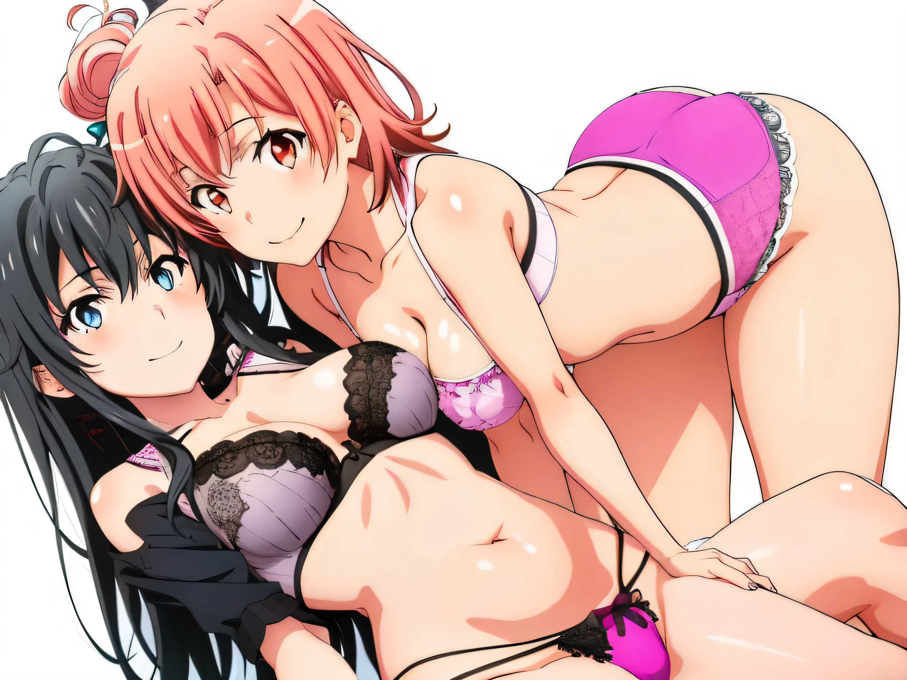 ((2 girls:1.0)), (Yuigahama Yui shapely breasts),(Yukinoshita Yukino),no background,In sexy underwear,,Ribbon on panties,2 people in pink panties,belly button,thighs,knees,calf,front,looking at camera,(high angle),open your mouth,smile,Panoramic view of the head,beautiful eyes