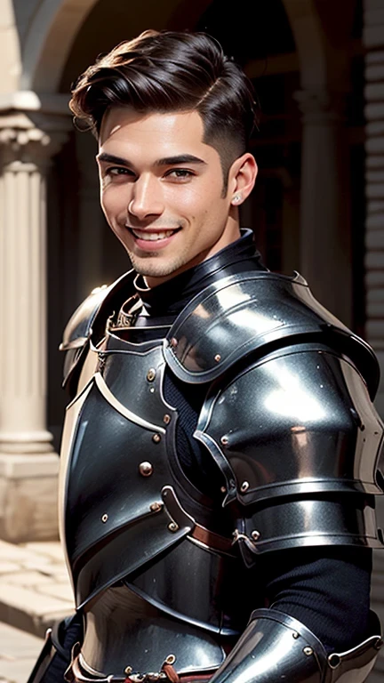 ((best quality: 1.5)) ((masterpiece: 0.8)), intricate details, sharp focus, professional, photorealistic, real life, realistic representation of the face, ((((solo, male) muscular (smiling, joyful expression)))) dynamic action pose, homely face, in the style of realistic and hyper detailed renderings, outdoor, castle, courtyard, pillar, solo, BREAK; BREAK ((((short undercut hair, [dark hair:blonde hair:0.6])))), (blemish: 0.7), ((fujicolor)), BREAK; BREAK ((((futuristic male man masculine paladin, ((lacquered black armor:1.4, breastplate, weapon, knight, gleaming)), photorealistic, hyper-realistic))))