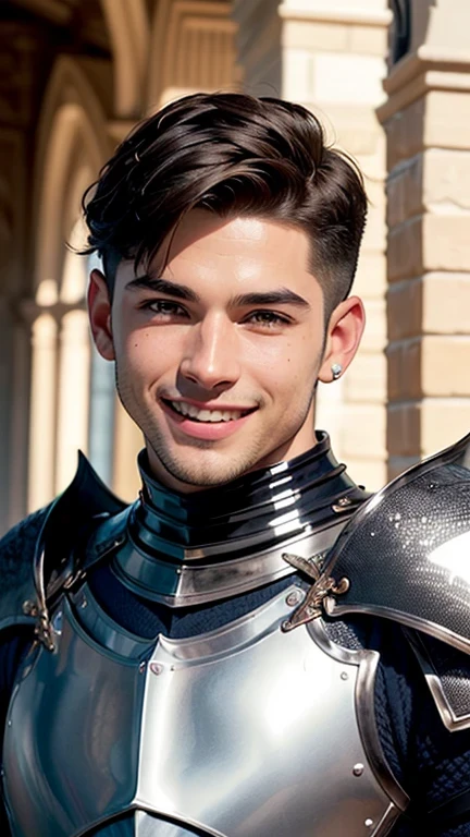 ((best quality: 1.5)) ((masterpiece: 0.8)), intricate details, sharp focus, professional, photorealistic, real life, realistic representation of the face, ((((solo, male) muscular (smiling, joyful expression)))) dynamic action pose, homely face, in the style of realistic and hyper detailed renderings, outdoor, castle, courtyard, pillar, solo, BREAK; BREAK ((((short undercut hair, [dark hair:blonde hair:0.6])))), (blemish: 0.7), ((fujicolor)), BREAK; BREAK ((((futuristic male man masculine paladin, ((lacquered black armor:1.4, breastplate, weapon, knight, gleaming)), photorealistic, hyper-realistic))))