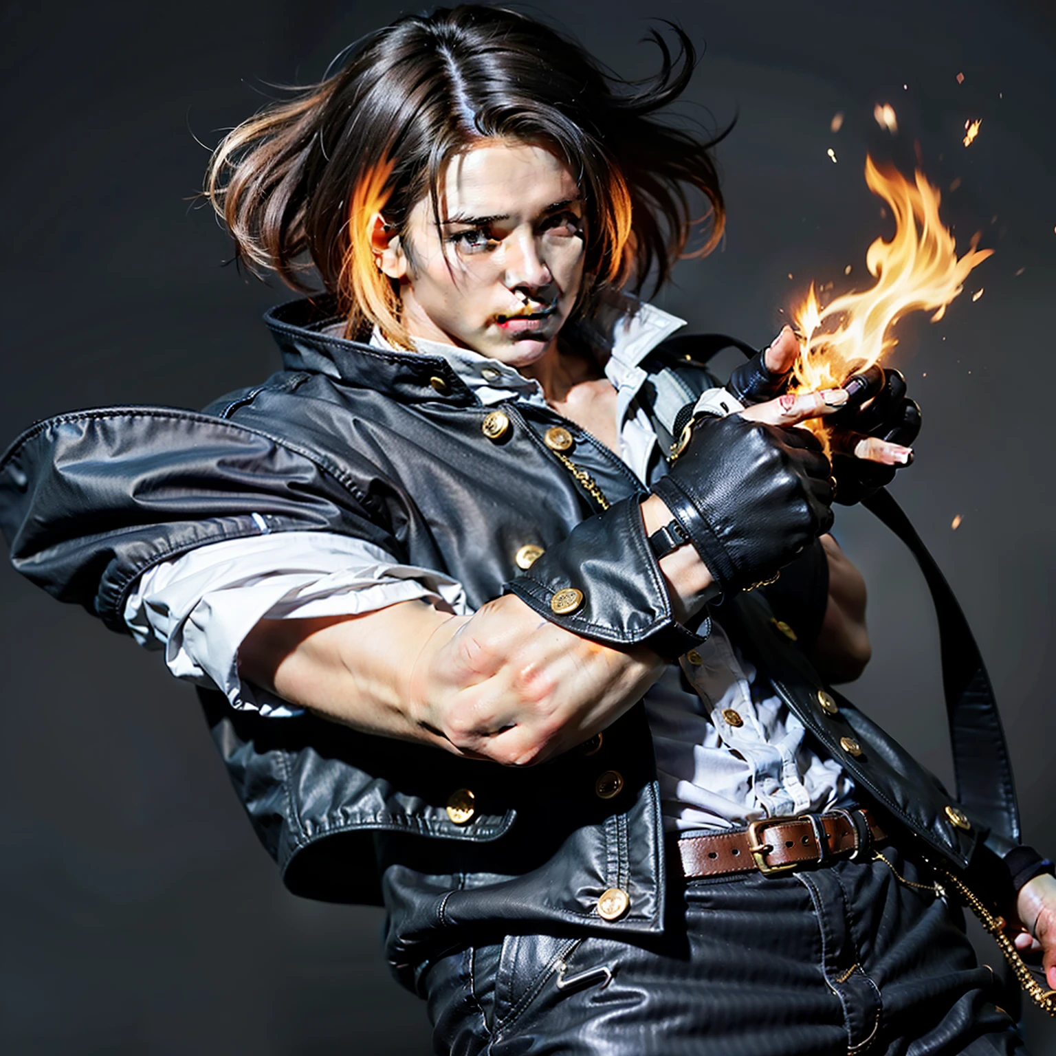 a man in a black jacket holding a fire in his hand, character from king of fighters, male character, handsome pose, realistic