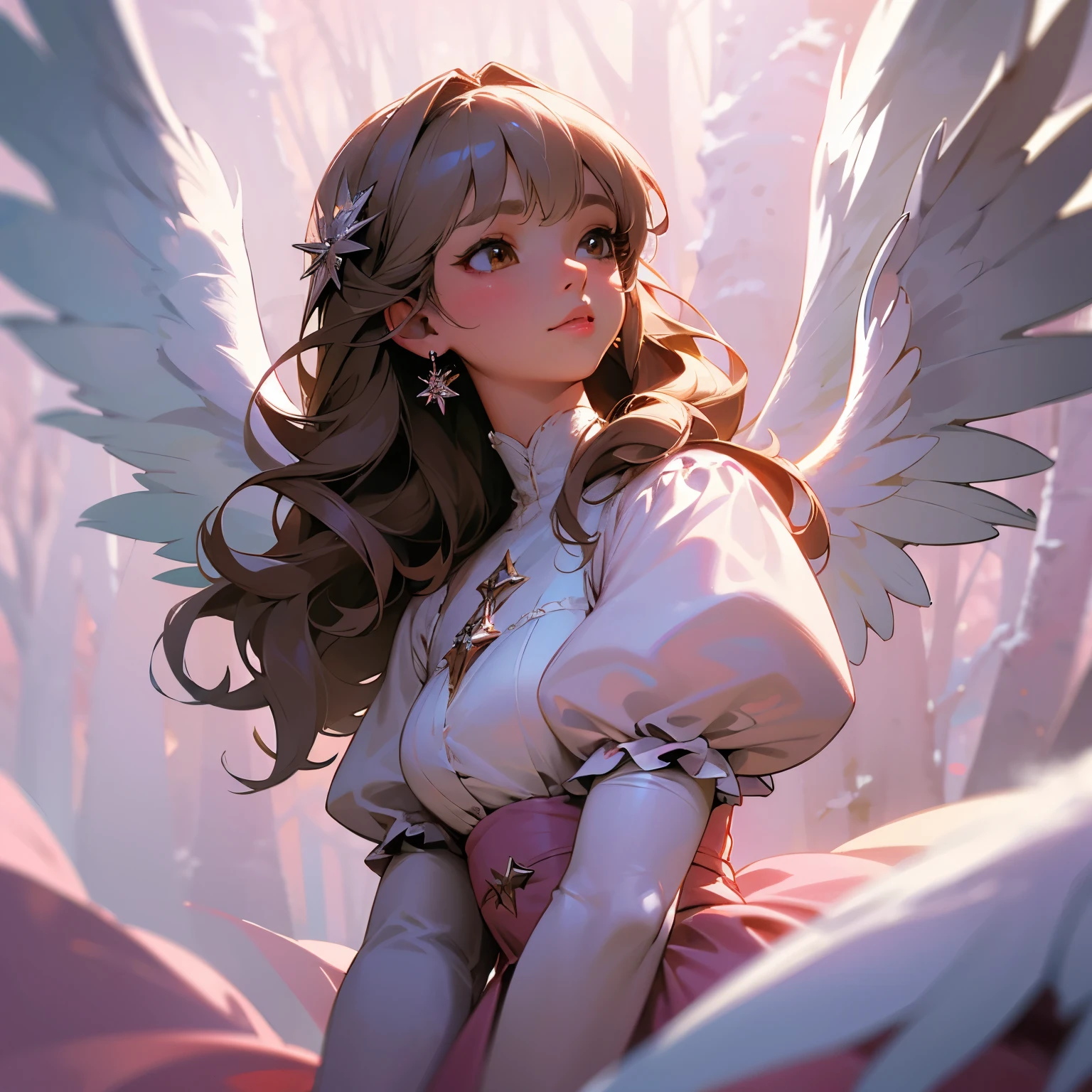 ((extreme detail)),(ultra-detailed), extremely detailed CG unity 8k wallpaper, adult woman, light pink dress, angel white wings, short puffy sleeves, lips, looking away, close-up, head turn, winter forest, cute brown eyes, white hair