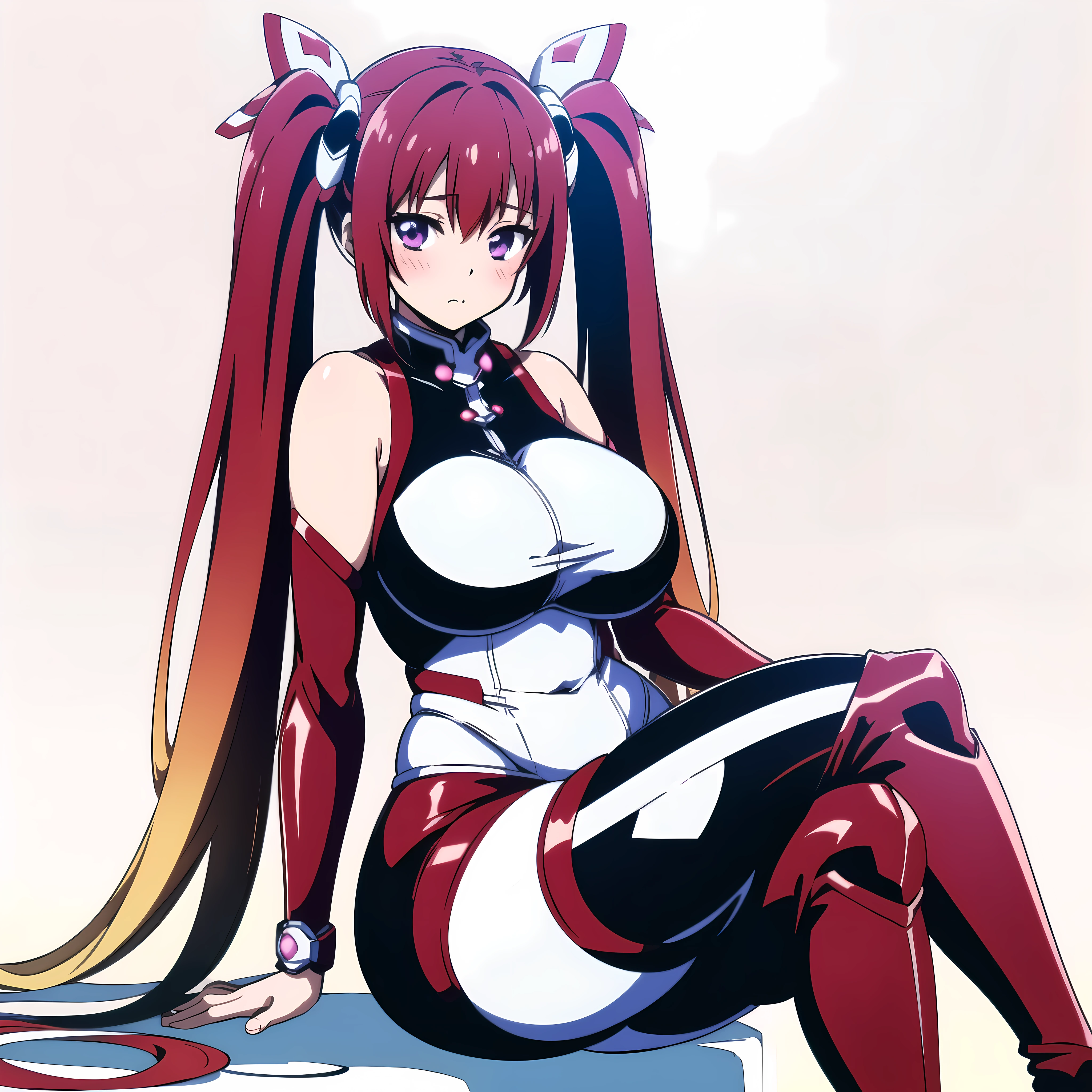 tailreddef, (tailred), very long hair, red hair, gradient hair, twintails, (detailed violet eyes), cute, blush, sitting with crossed legs, looking at viewer, (((((covered huge curvy breasts))))), (((tailred black and white outfit))), tail gear, armor, ((black pants)), ((red thigh high boots)), (black thigh highasterpiece, high resolution, best quality