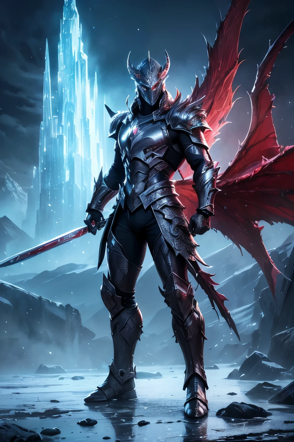 (best quality,4k,8k,highres,masterpiece:1.2),ultra-detailed,(realistic,photorealistic,photo-realistic:1.37),ice warrior,minimal red armor,red eyes,ice blue body,game monster,fierce expression,sharp weapons,icy environment,glowing crystals,large muscular build,battle scars,strong menacing presence,detailed textures,frosty breath,vivid colors,reflective metallic armor,warrior standing tall,ominous atmosphere,menacing aura,dystopian landscape,dark and dramatic lighting,eerie mist,imposing and intimidating stance,ice shards flying,heroic pose,cracked icy ground,hauntingly beautiful,mythical creature,snowflakes falling