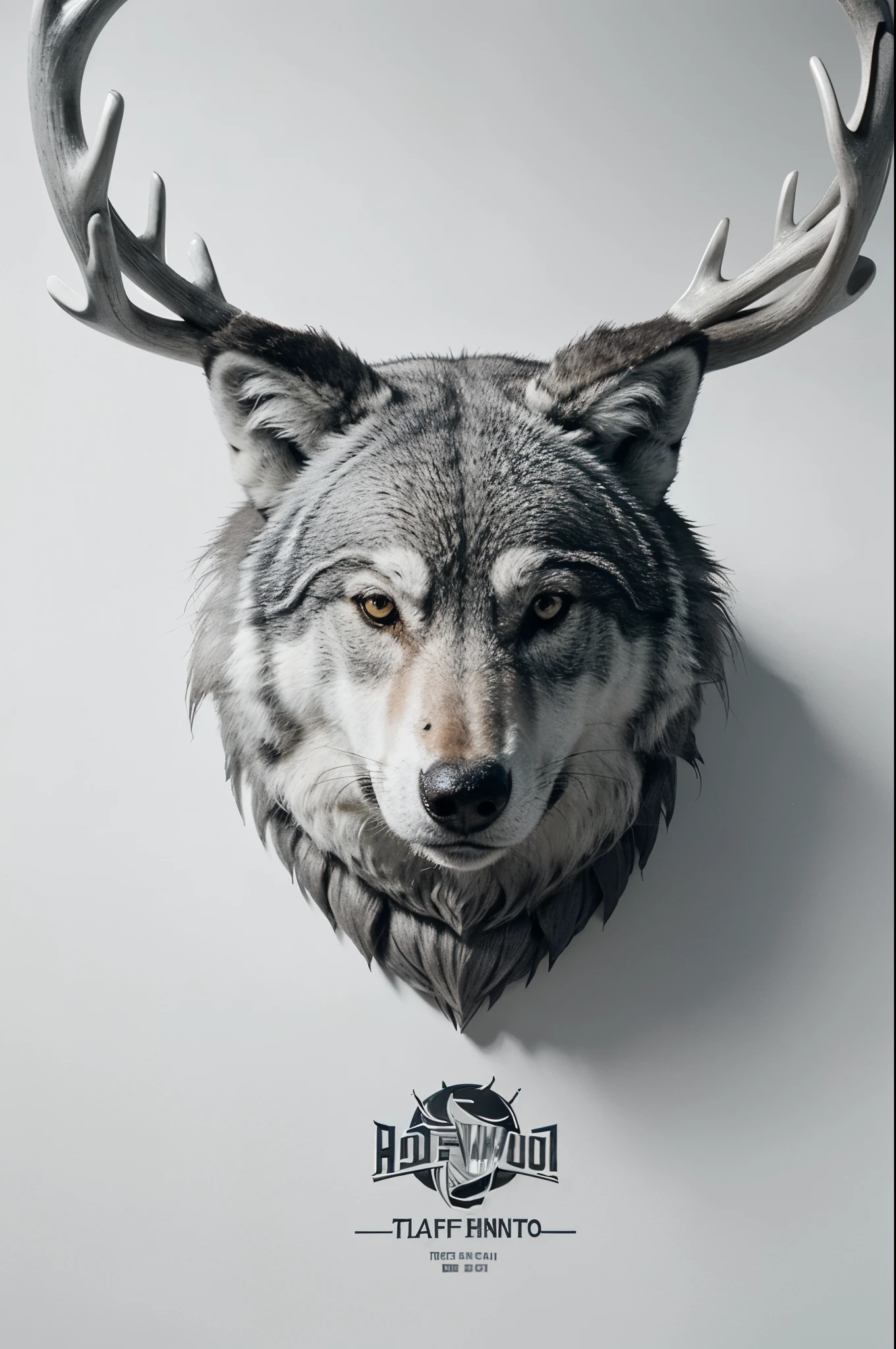graphic logo in gray tones, vector, clean design, complex part, monochromatic color, Solid white background, made in Adobe Illustrator, in the style of Studio Ghibli, wolf with large branched antlers