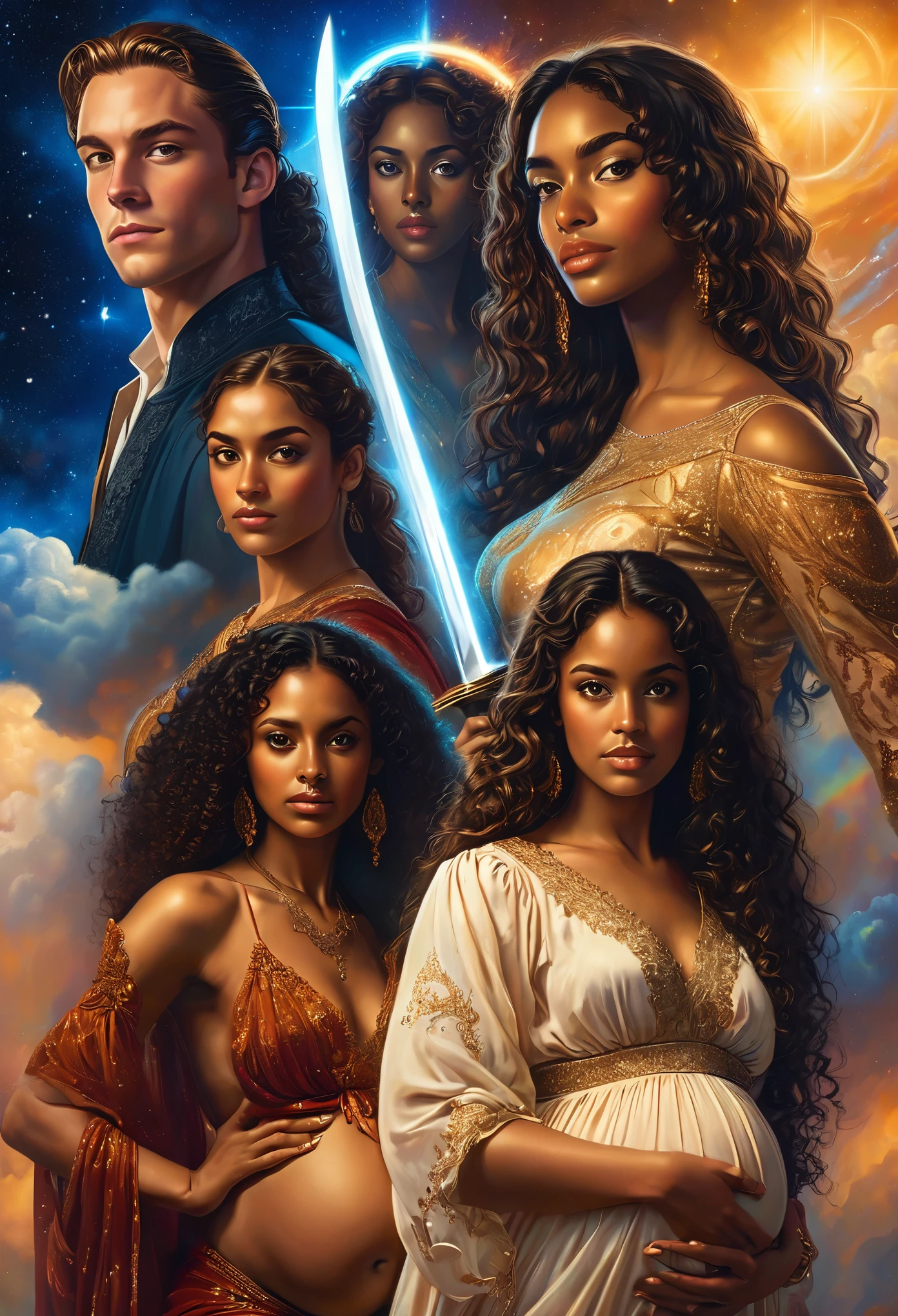 In a celestial landscape, four people dressed luxuous, differents faces, they are all darkskin, (((young, in 20's))) (((two brown skin men and two brown skin woman))), (((two young brown skin long dark hair duke:1.3))), (((one brown skin dark hair pregnant1.5 woman))) and (((one brown hair woman1.3))), (they are two différent and separate couple1.2). (Two couple of four judge:1.2). The first couple is a brown skin duke long dark curly hair with a dark long hair pregnant woman. The second couple is a brown skin duke curly dark hair with a short brown hair woman, (((dark hair brown skin woman and brownskin:1.5))) trying to kill him with a knife, dangerous scene, war, battle
