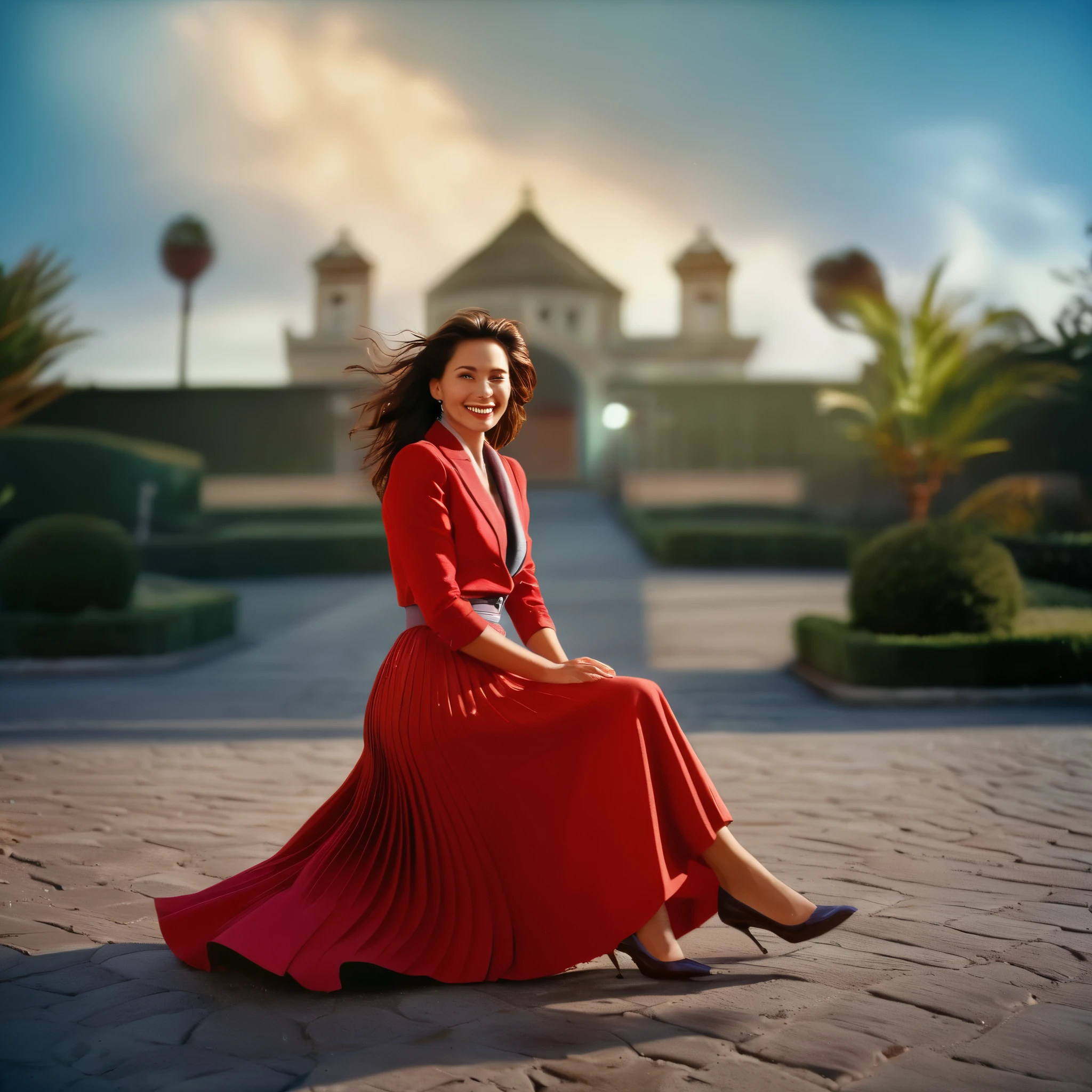 A smiling, authentic, (shy:1,3), kind, beautiful woman, is passionately in love with her skirt, sitting down on the ground while wind lifts her skirt, wearing short blazer and very, very detailed (long (fully pleated) full circle skirt) and (low heeled court shoes), very, very intricate hyper-detailed symmetric (attractive graceful young feminine face) with (sad, tired eyes and a loving smile), very voluptuous breasts, full of empathy and compassion and love, (pronounced (feminine) features), (highly detailed ultra accurate realistic) hands and fingers, (windy), epic composition, highly detailed attributes, (35mm f1.4 Kodak portra 400 photograph), extremely high quality RAW photograph, highly detailed atmosphere, sci-fi, cinematic shot, dynamic lighting, 75mm, Technicolor, Panavision, cinemascope, sharp focus, fine details, 8k, HDR, realism, realistic, key visual, film still, superb cinematic color grading, depth of field
