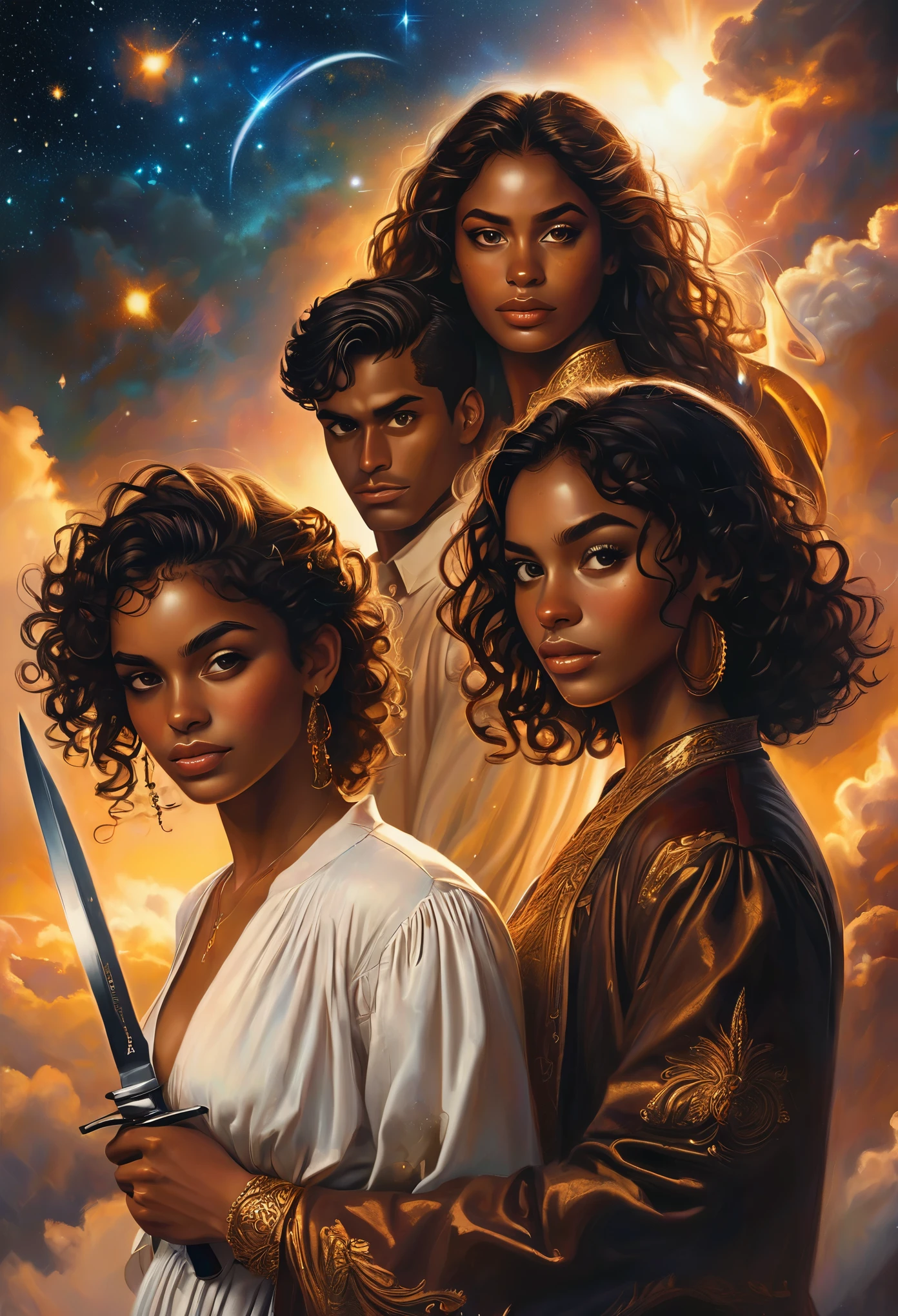 In a celestial landscape, four people dressed luxuous, differents faces, they are all darkskin, (((young, in 20's))) (((two brown skin men and two brown skin woman))), (((two young brown skin long dark hair duke:1.3))), (((one brown skin dark hair pregnant1.5 woman))) and (((one short brown hair woman1.3))), (they are two différent and separate couple1.2). (Two couple of four people:1.2). The first couple is a brown skin duke long dark curly hair with a short dark long hair woman. The second couple is a brown skin duke curly dark hair with a short brown hair woman, (((short dark hair brown skin woman and brownskin:1.5))) trying to kill him with a knife, dangerous scene, war, battle
