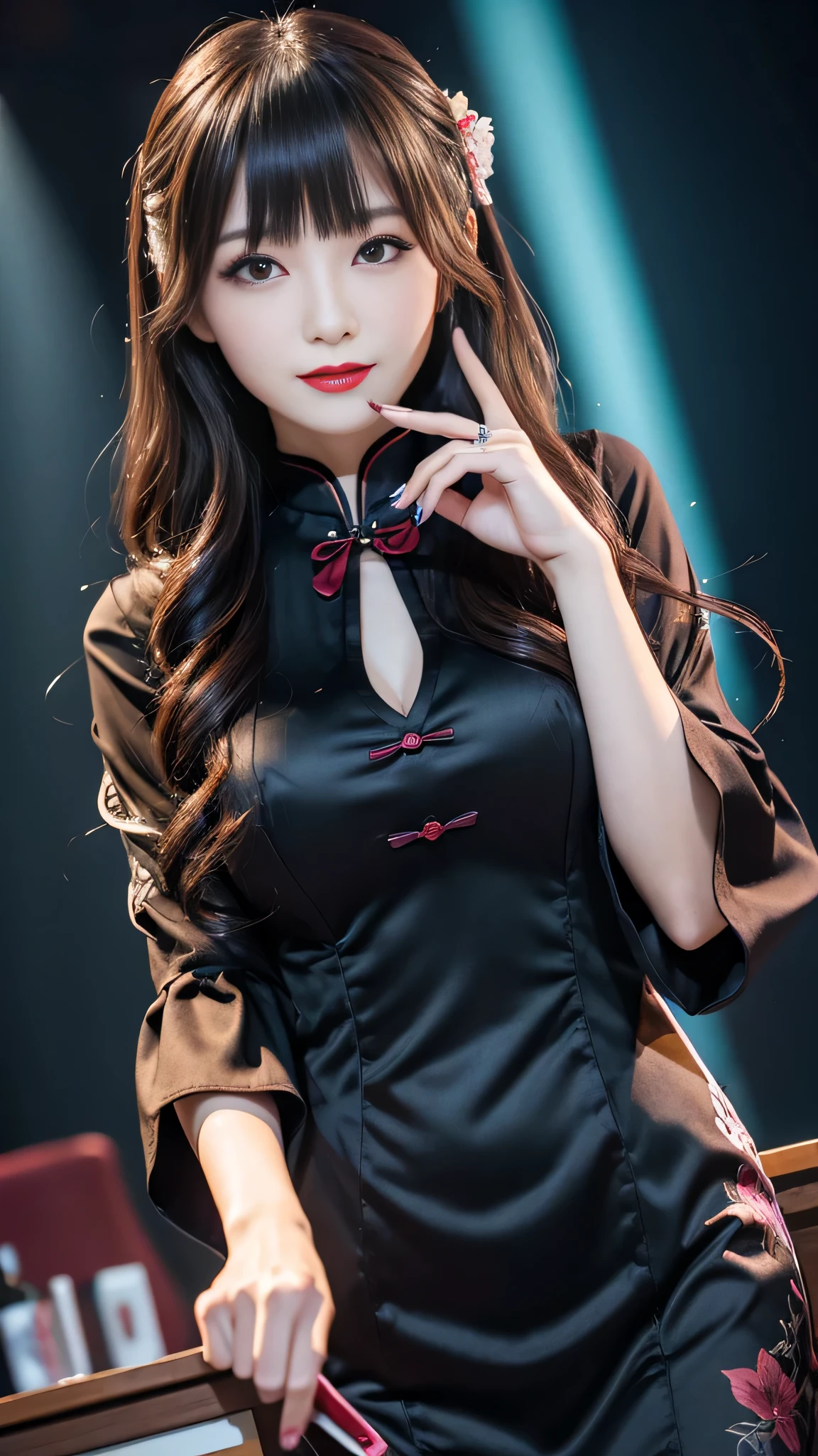 Super detailed、Japanese、charming beauty、seductive adult woman、Beautiful woman、sharp eyes、cool girl、wavy hair、flowing bangs、long black cheongsam、wide sleeve、evilの幹部、evil depravity、brainwashing、Mind control、apply lipstick、grin、evilな表情、evil、empty eyes、evil、stage、vampire、vampire、Hypnosianipulate medicine capsules